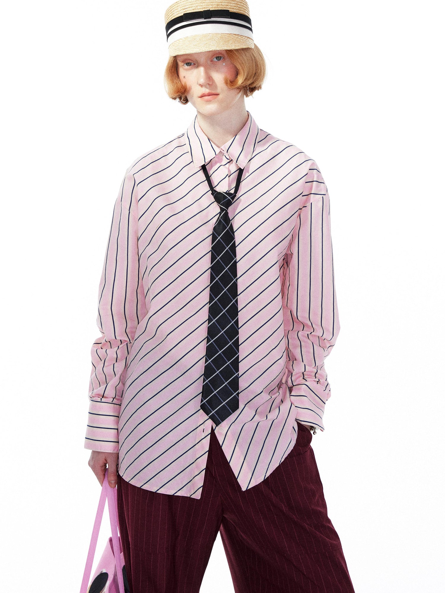 YOSHUYUKI Pink Blue Contrast Stripe Oversized Shirt