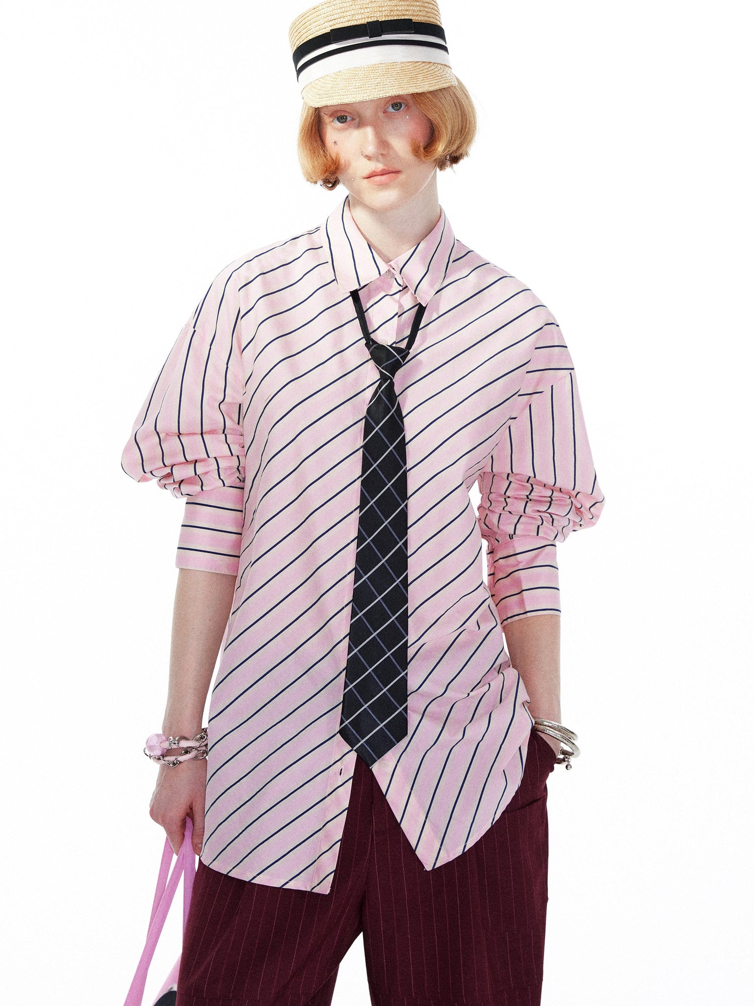 YOSHUYUKI Pink Blue Contrast Stripe Oversized Shirt