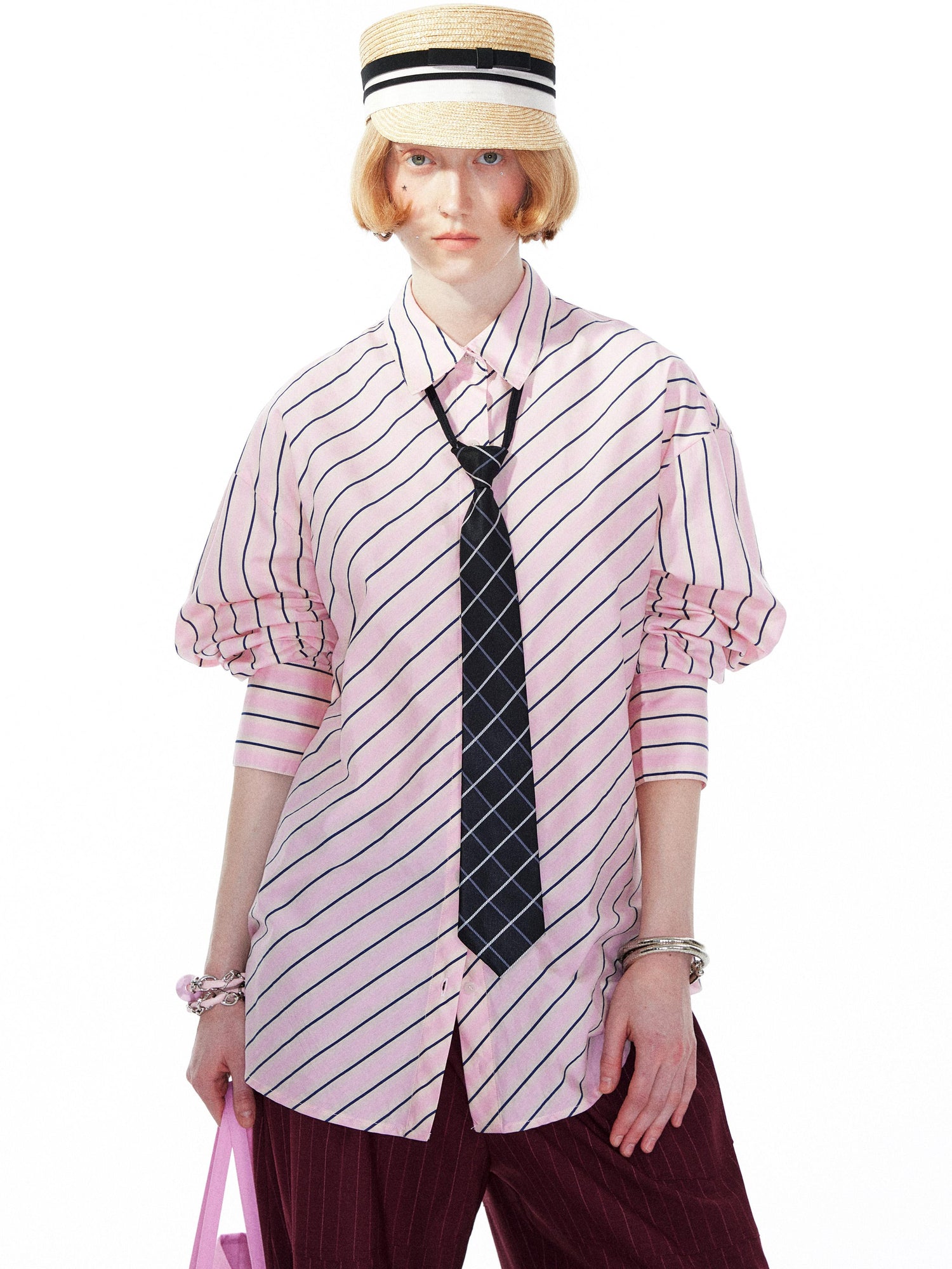 YOSHUYUKI Pink Blue Contrast Stripe Oversized Shirt