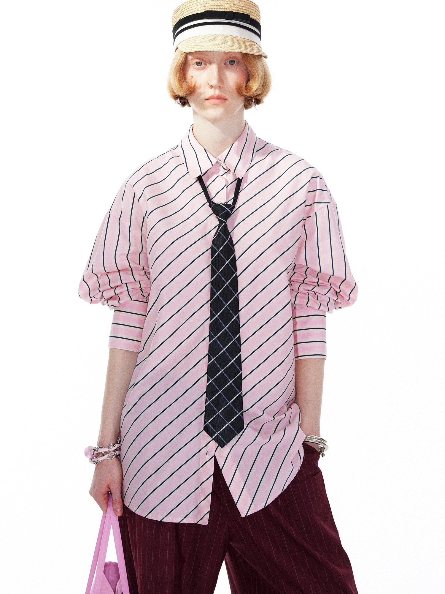 YOSHUYUKI Pink Blue Contrast Stripe Oversized Shirt