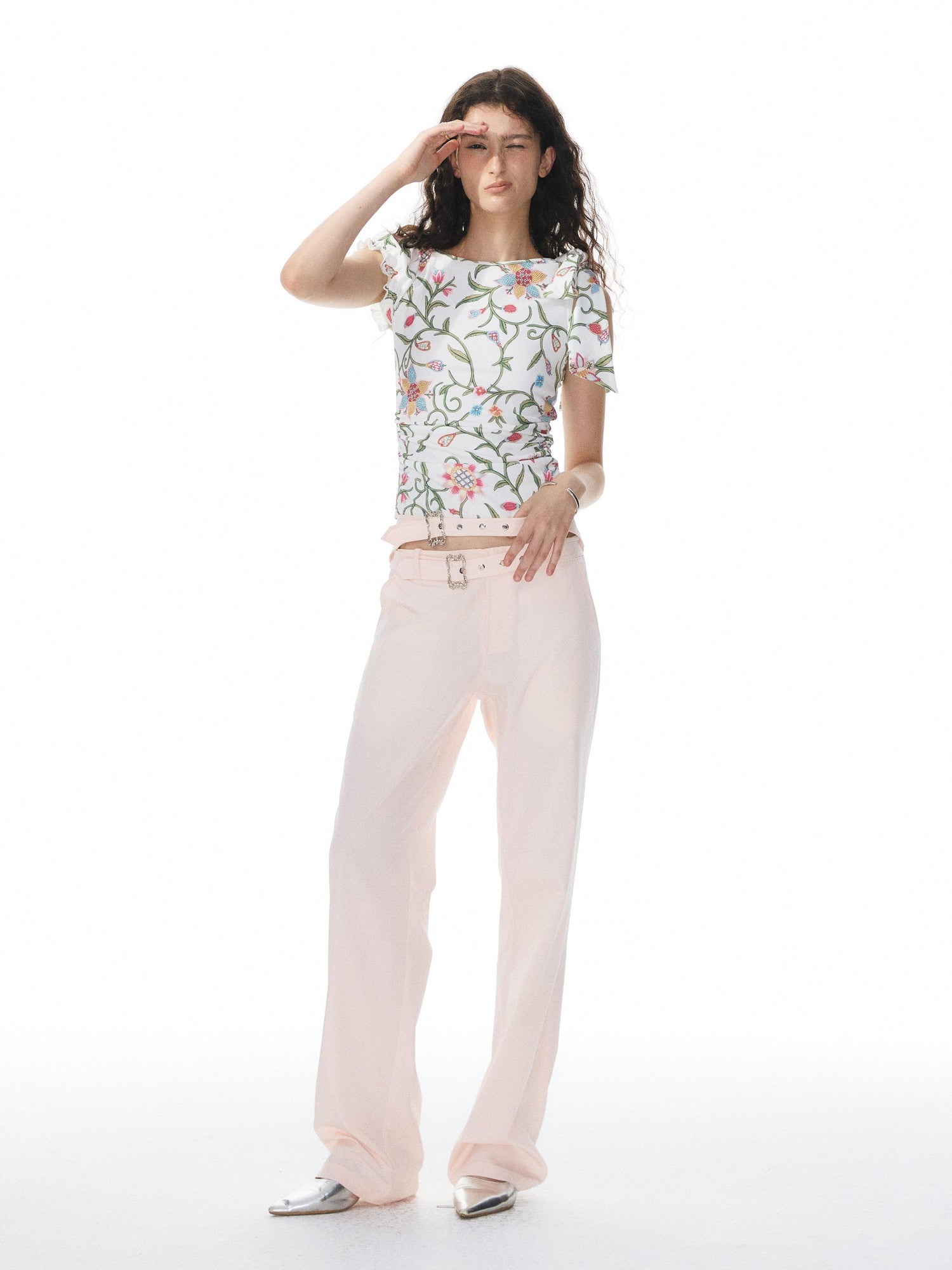 YOSHUYUKI Pink Floral Print Asymmetric Ribbon Women&