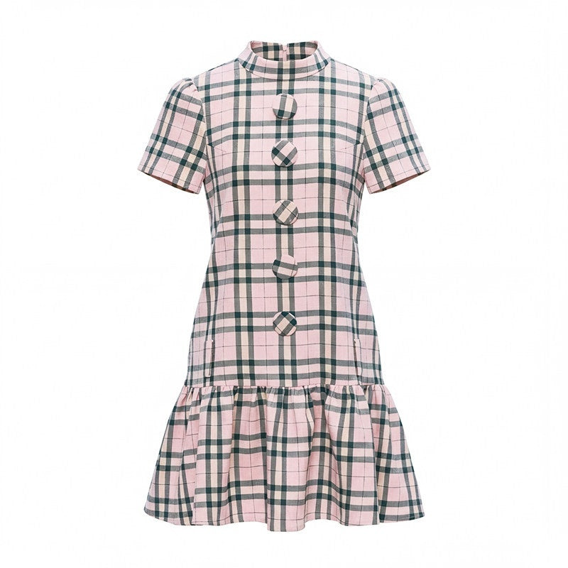 YOSHUYUKI_Pink_Plaid_Large_Button_Straight_A_Line_Women&