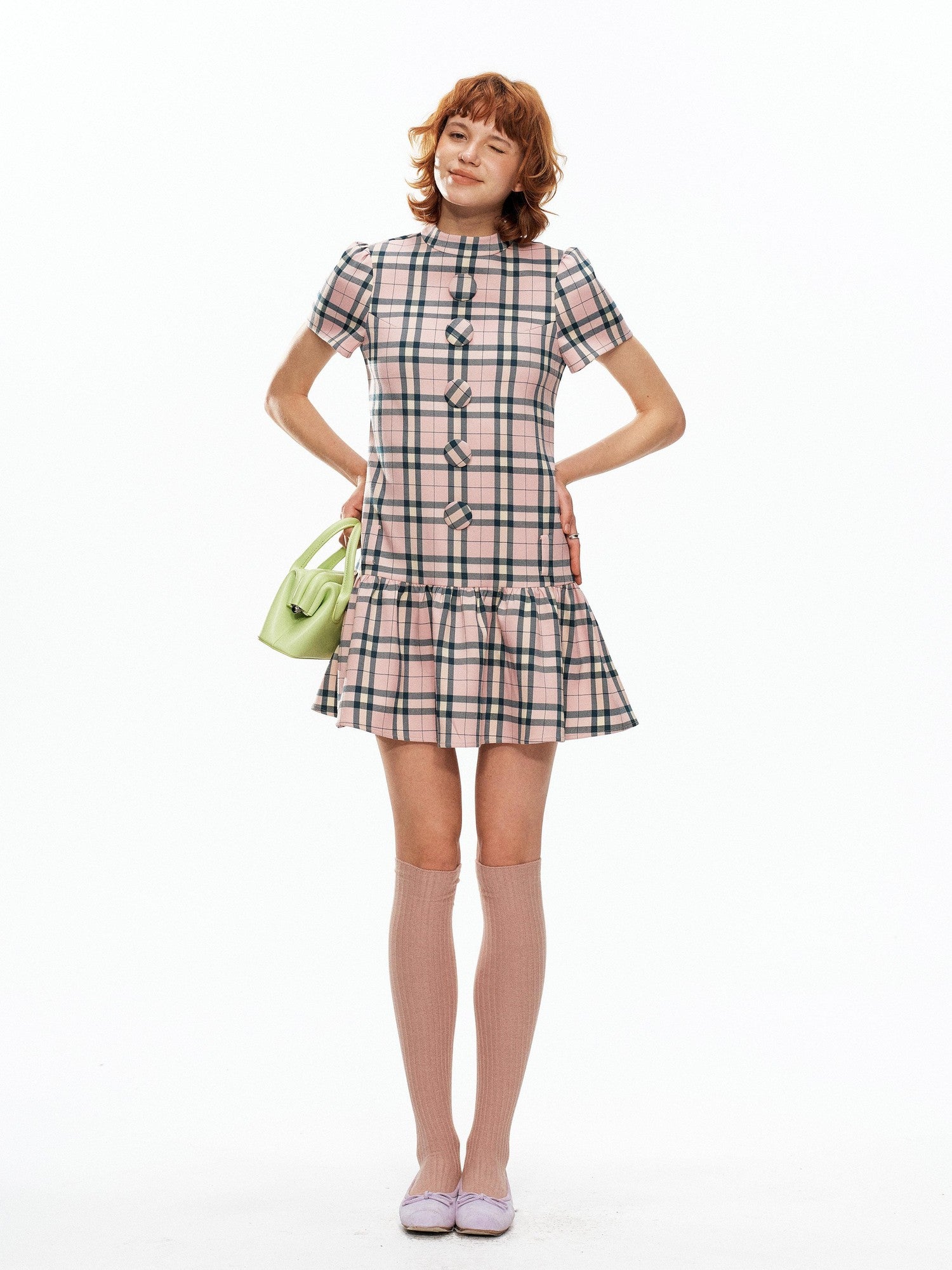 YOSHUYUKI Pink Plaid Large Button Straight A Line Women&