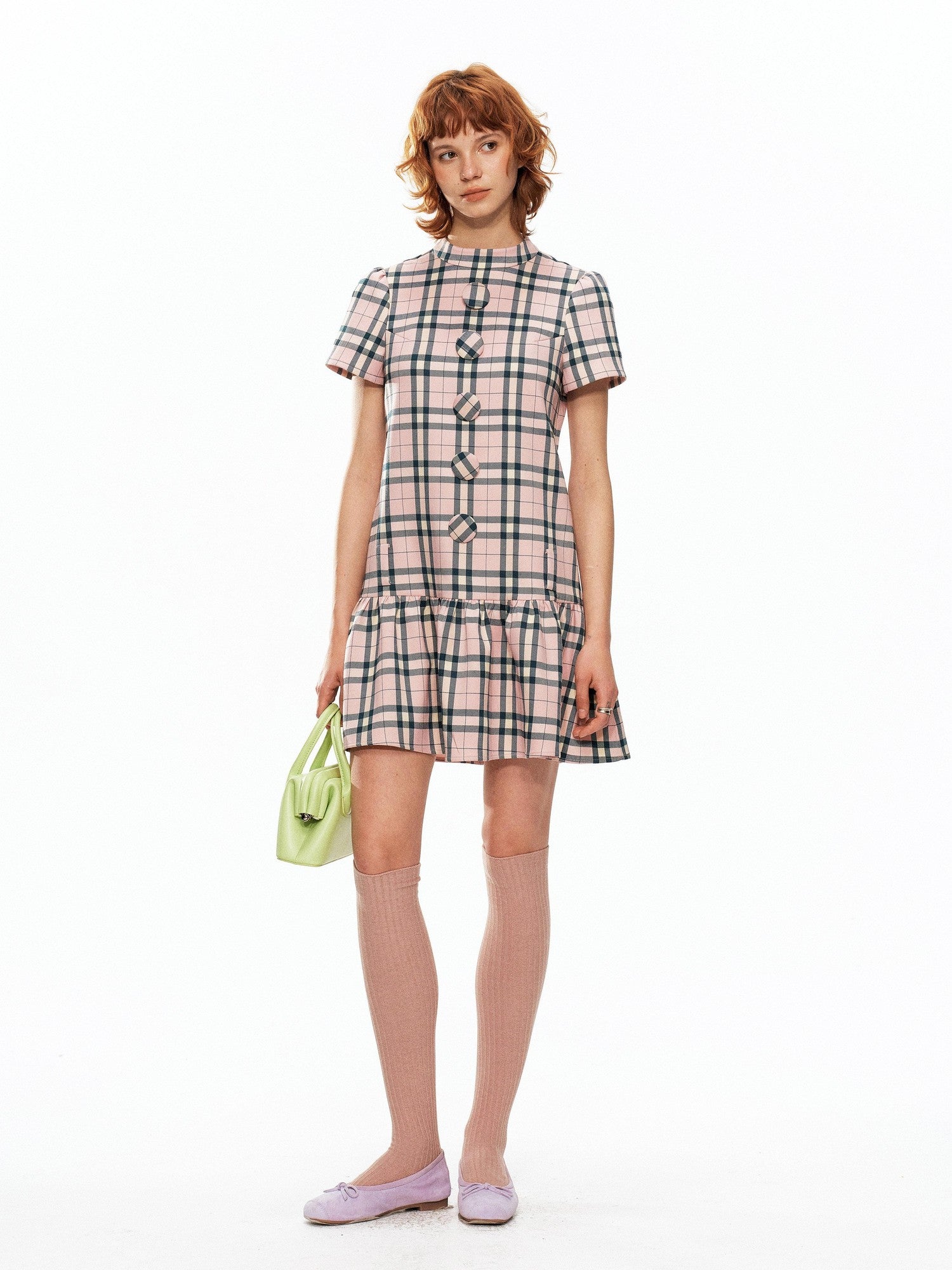 YOSHUYUKI Pink Plaid Large Button Straight A Line Women&
