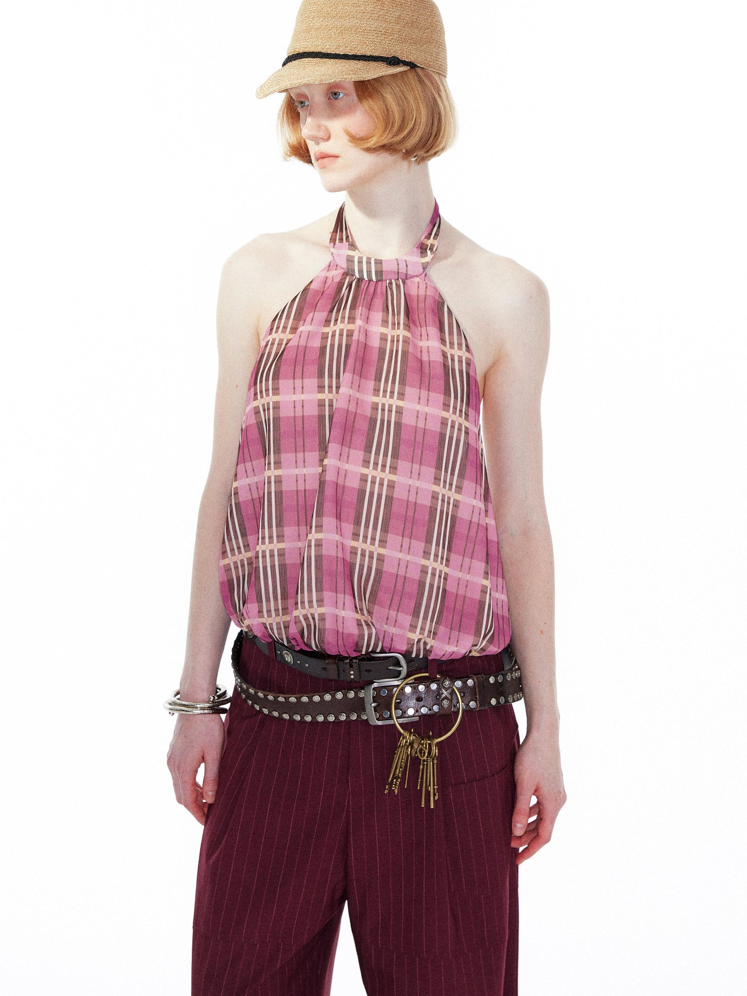YOSHUYUKI Pink Purple Plaid Halter Top With Smocked Back