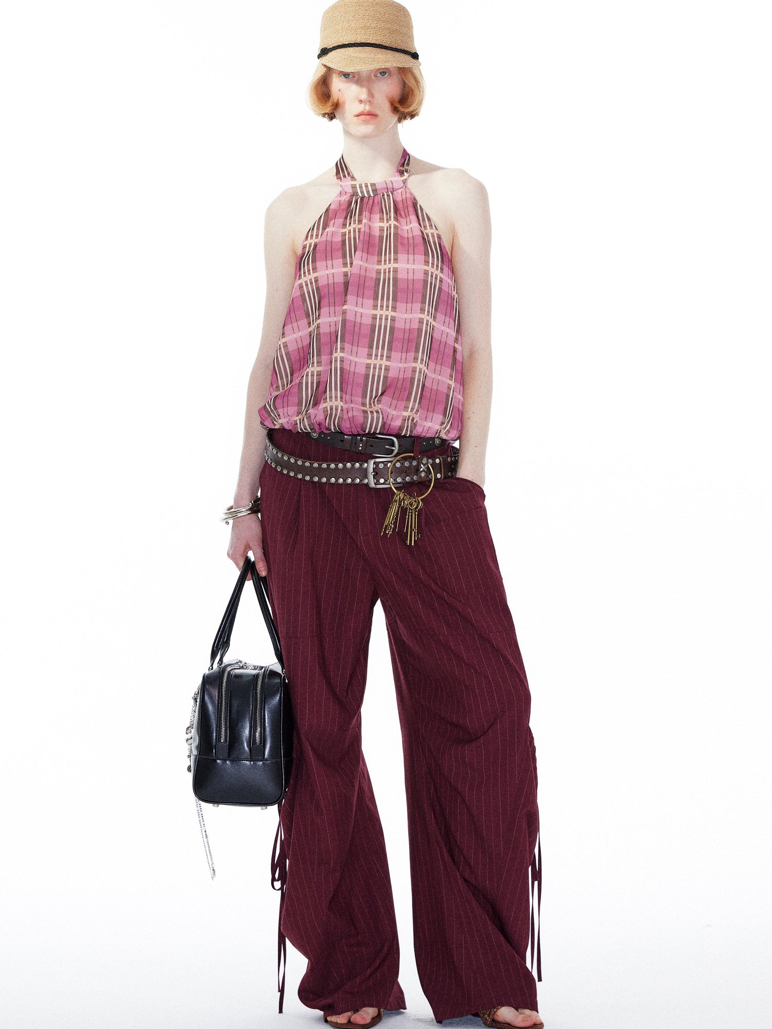YOSHUYUKI Pink Purple Plaid Halter Top With Smocked Back