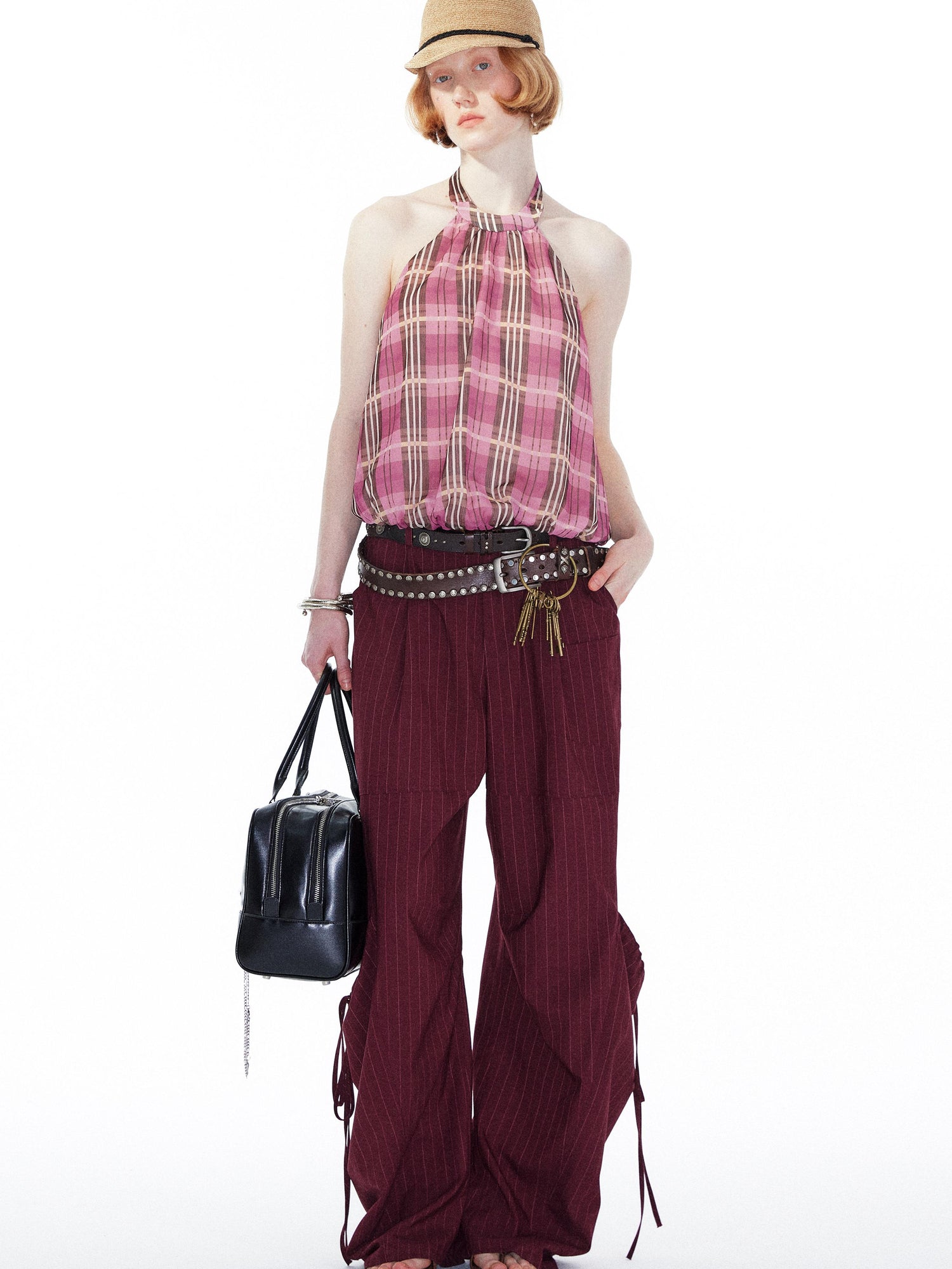 YOSHUYUKI Pink Purple Plaid Halter Top With Smocked Back