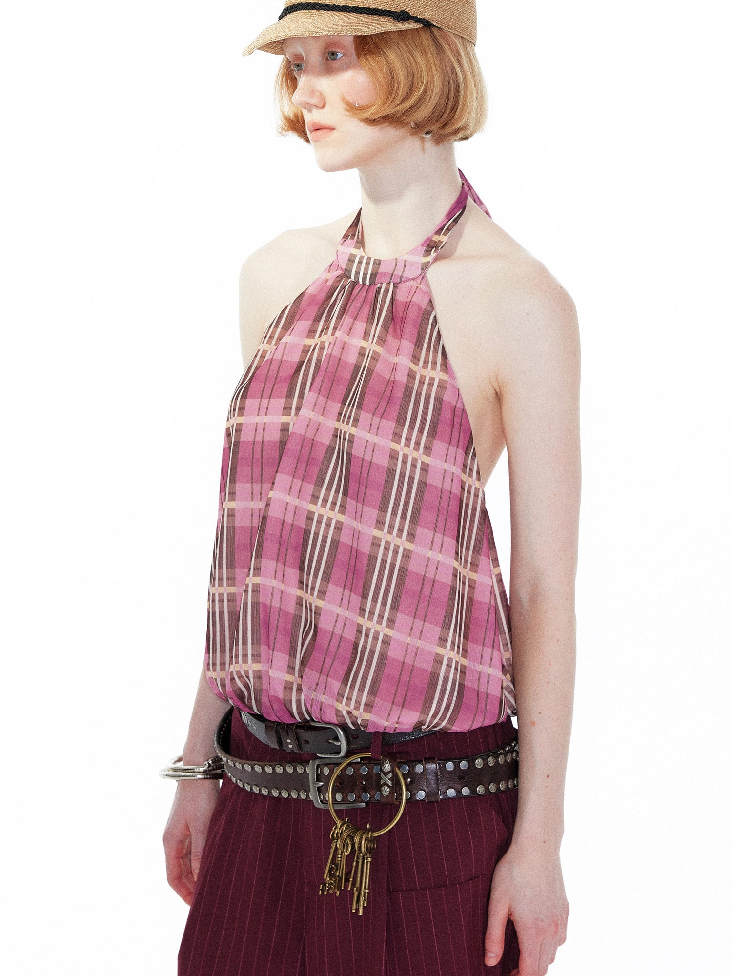 YOSHUYUKI Pink Purple Plaid Halter Top With Smocked Back