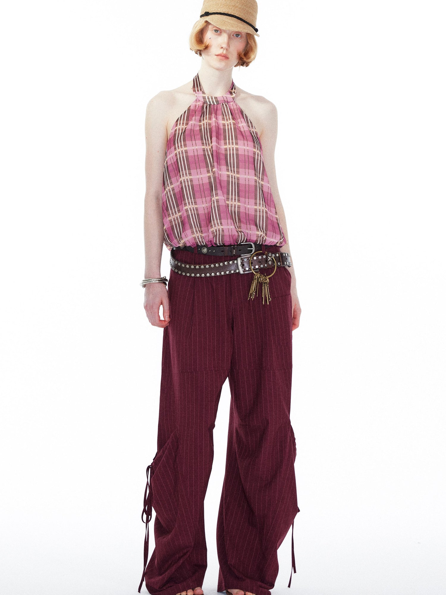 YOSHUYUKI Pink Purple Plaid Halter Top With Smocked Back
