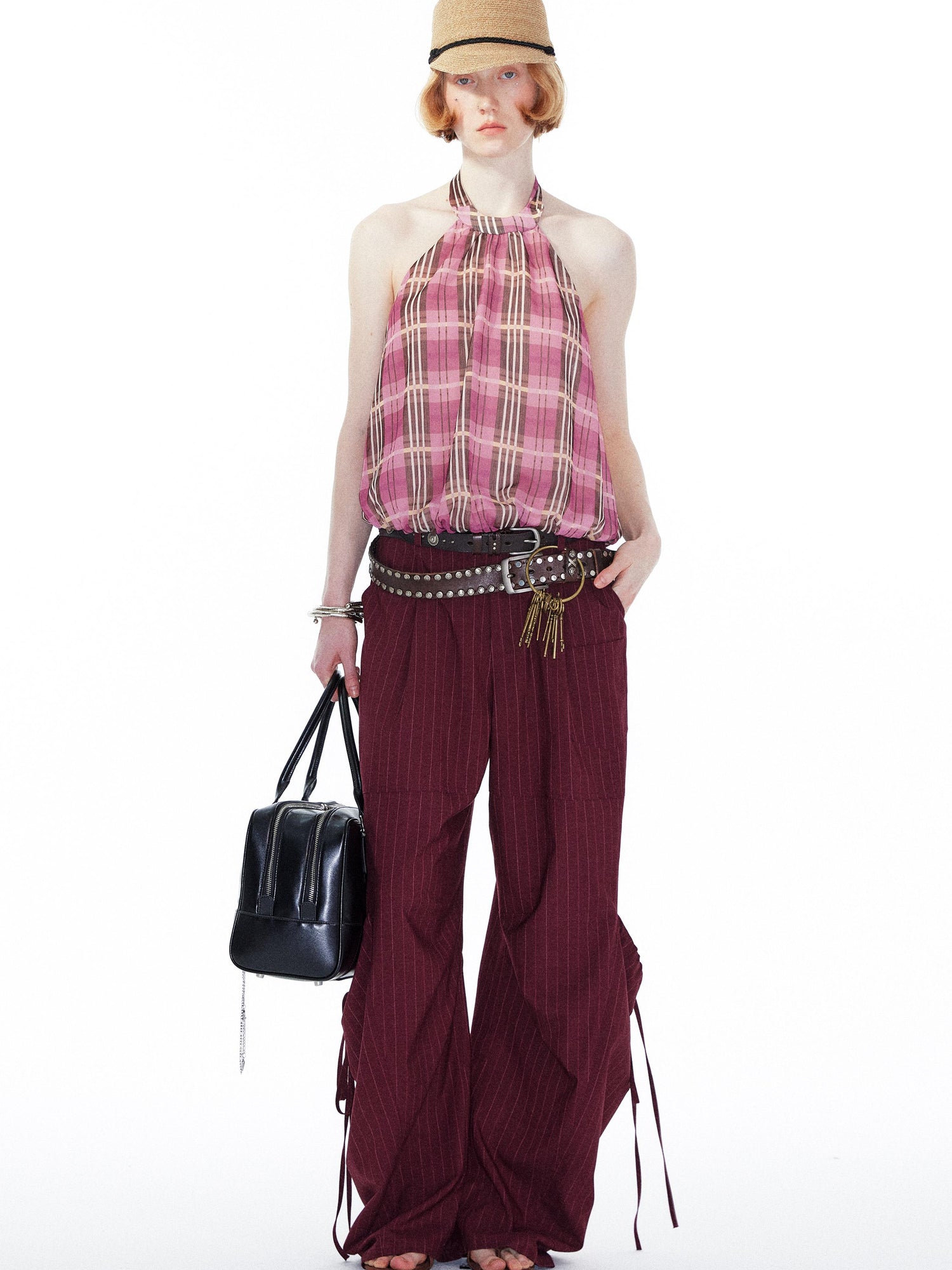 YOSHUYUKI Pink Purple Plaid Halter Top With Smocked Back