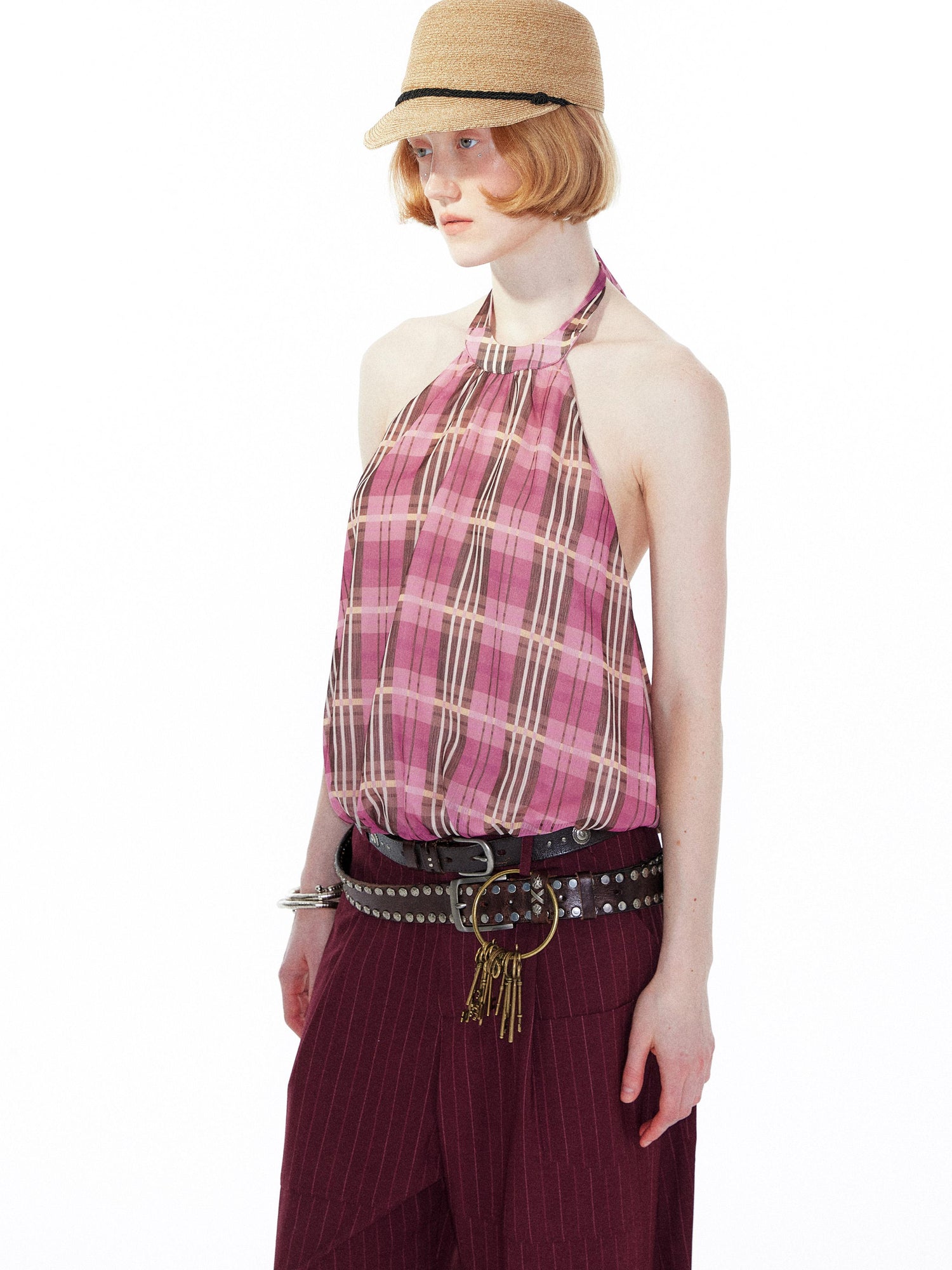 YOSHUYUKI Pink Purple Plaid Halter Top With Smocked Back