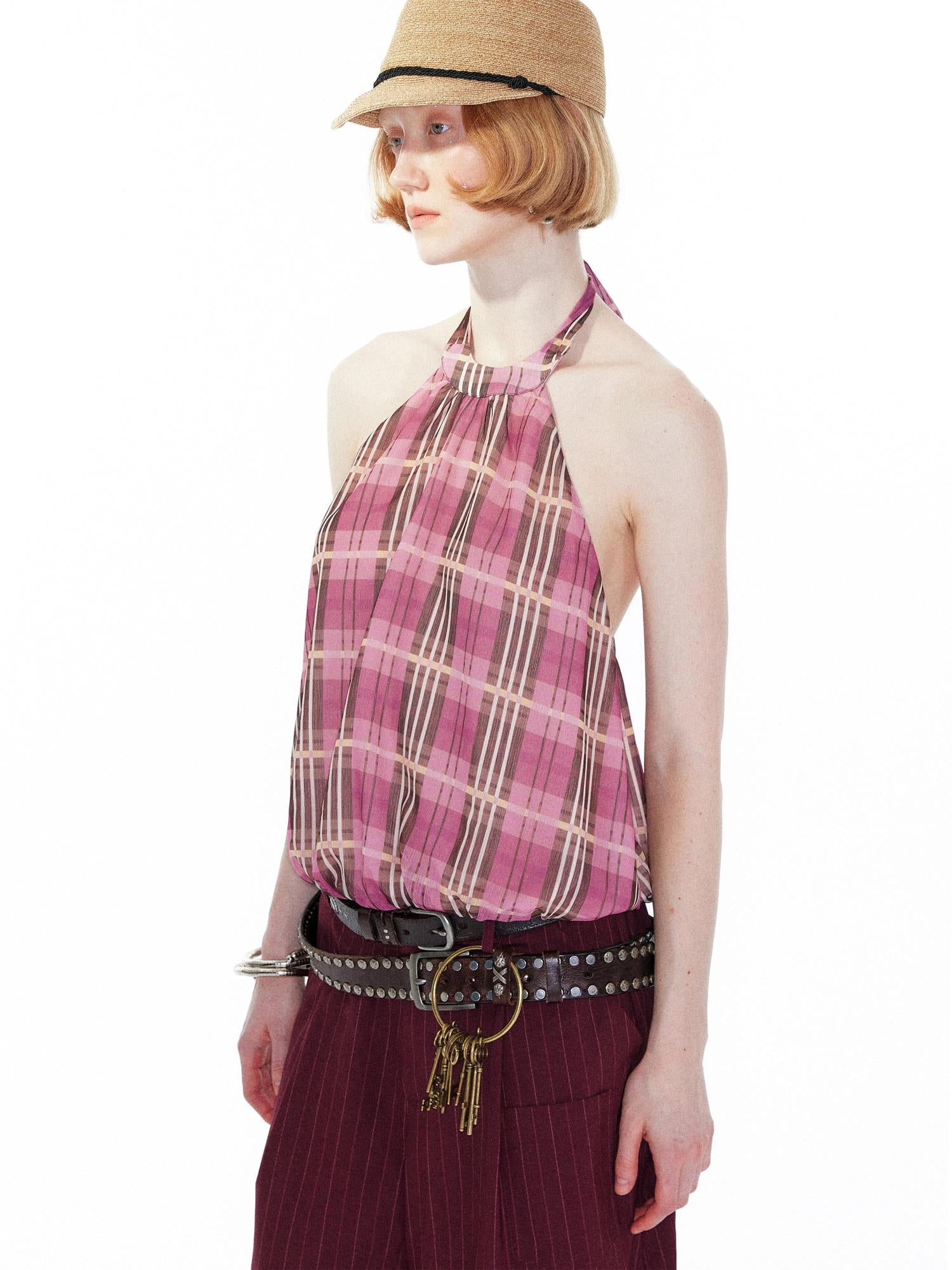 YOSHUYUKI Pink Purple Plaid Halter Top With Smocked Back