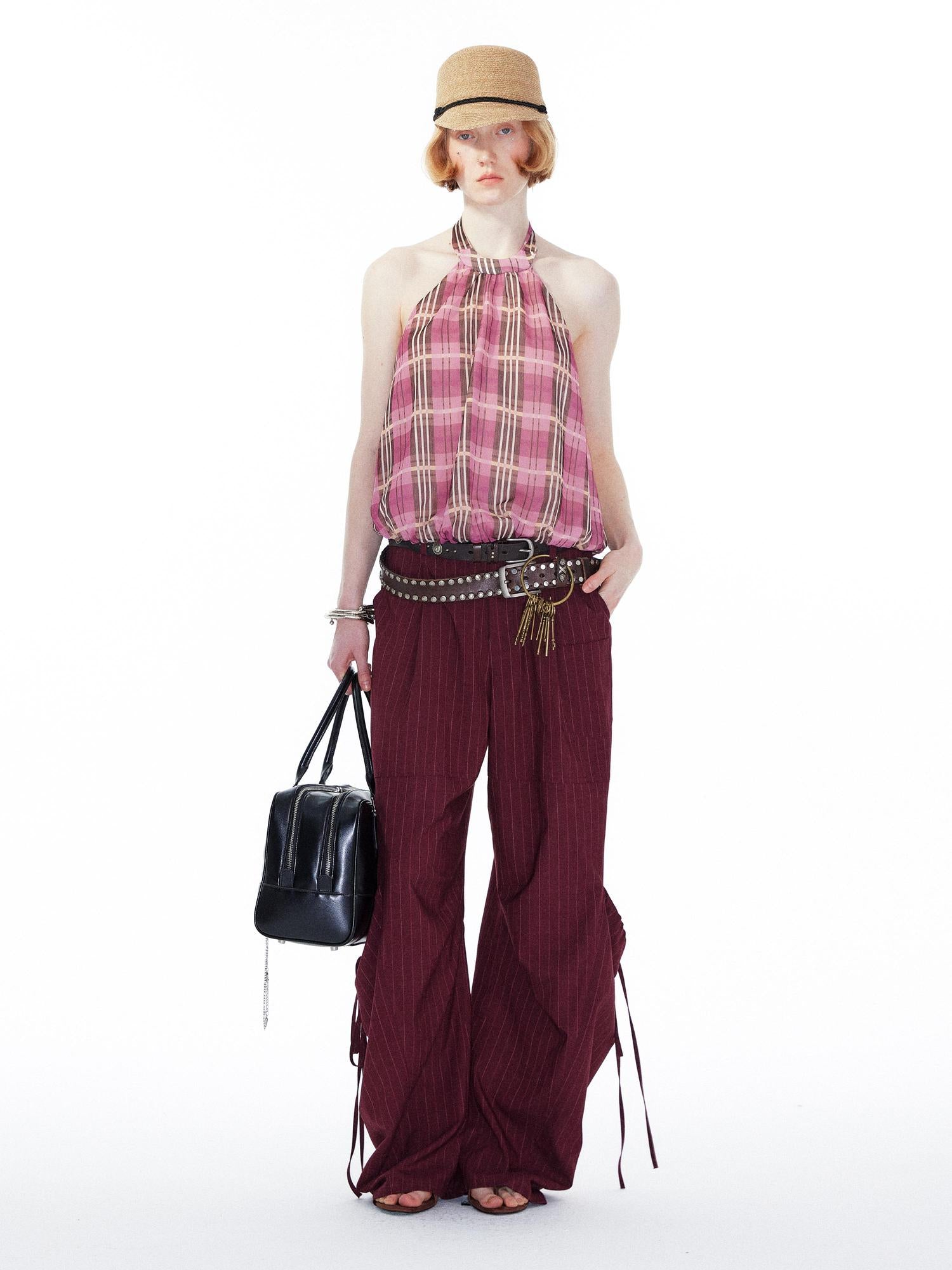YOSHUYUKI Pink Purple Plaid Halter Top With Smocked Back