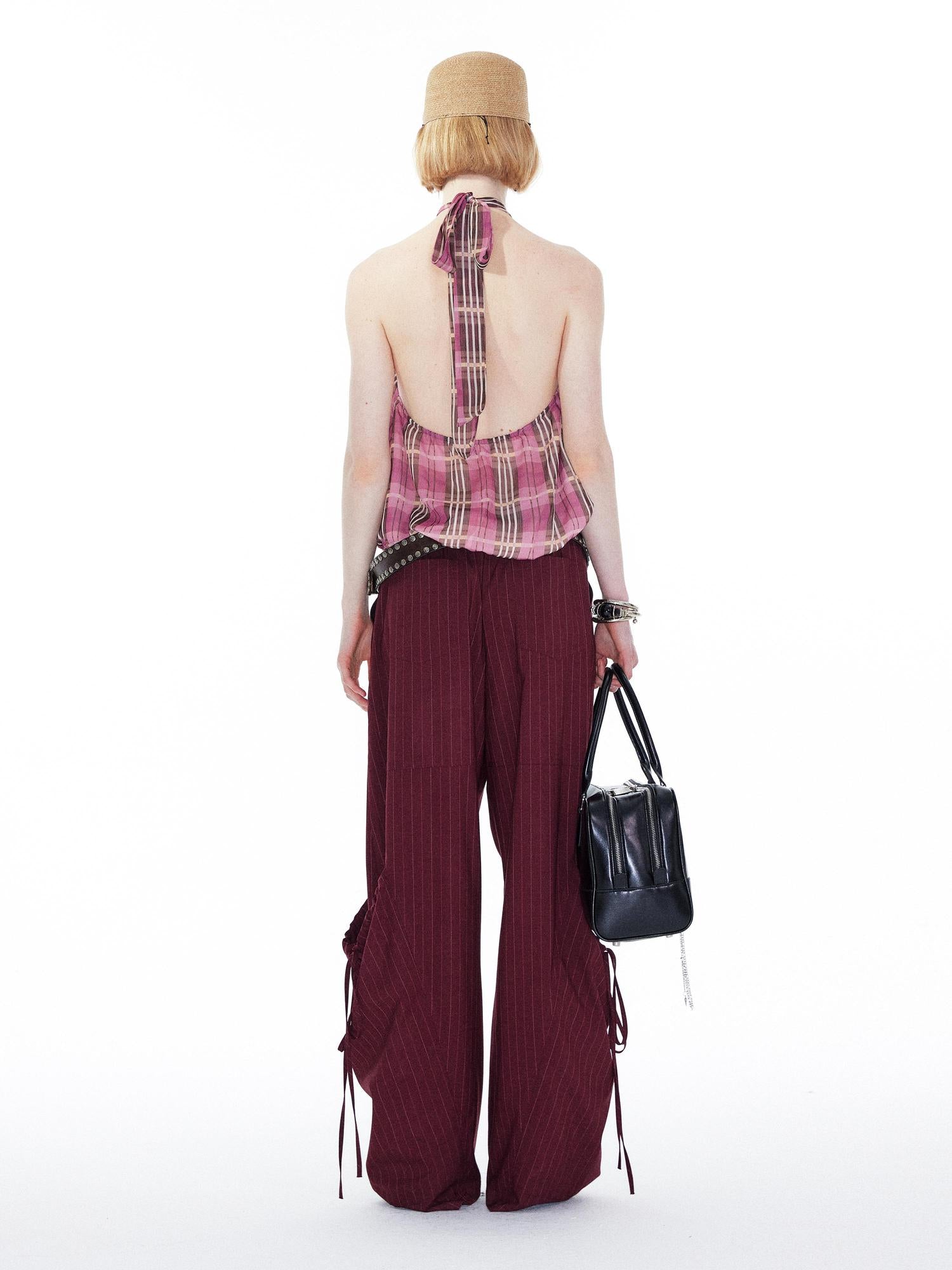 YOSHUYUKI Pink Purple Plaid Halter Top With Smocked Back