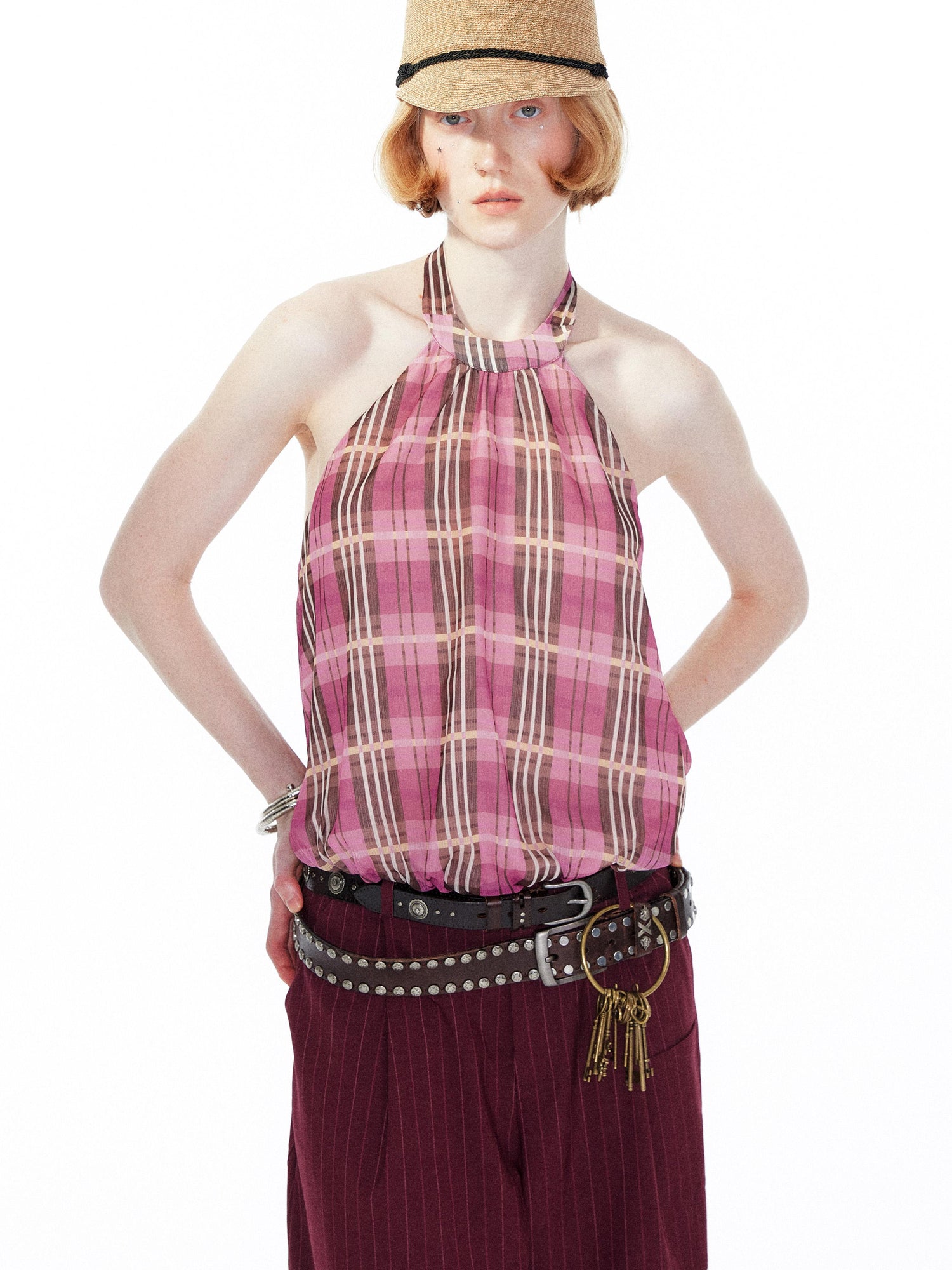 YOSHUYUKI Pink Purple Plaid Halter Top With Smocked Back