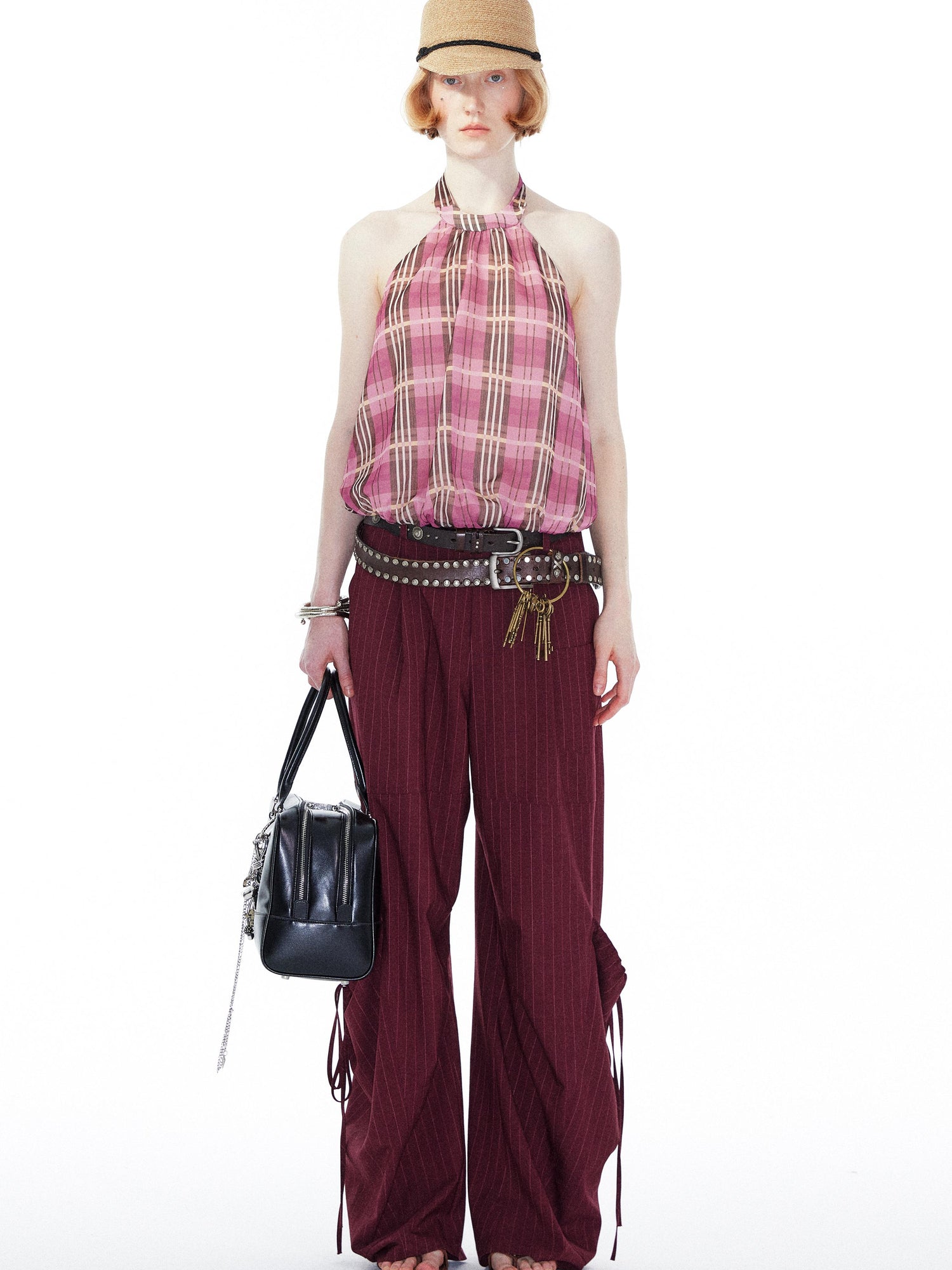 YOSHUYUKI Pink Purple Plaid Halter Top With Smocked Back