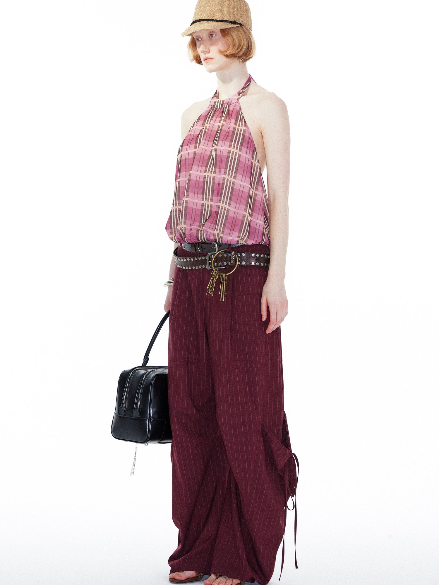 YOSHUYUKI Pink Purple Plaid Halter Top With Smocked Back