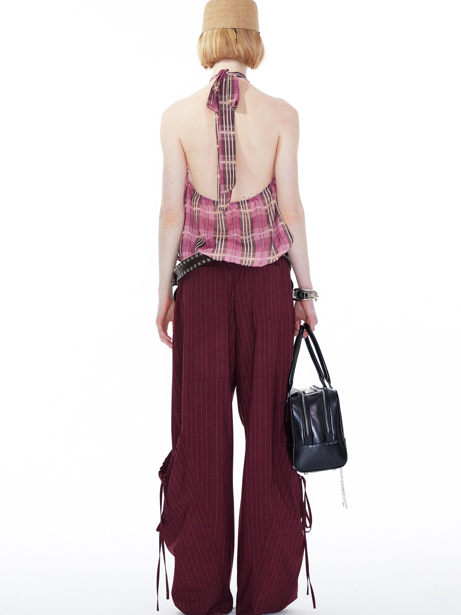 YOSHUYUKI Pink Purple Plaid Halter Top With Smocked Back
