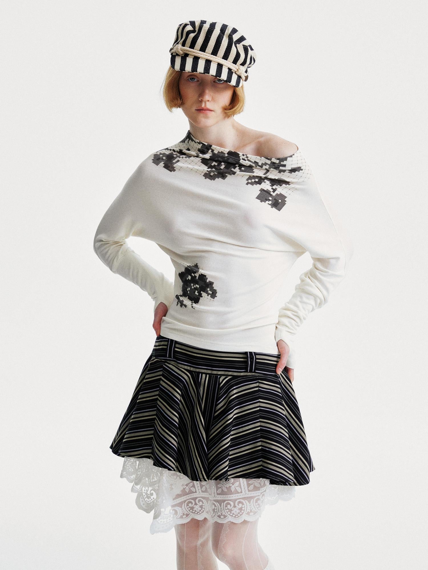 YOSHUYUKI Pixel Floral Off Shoulder Top