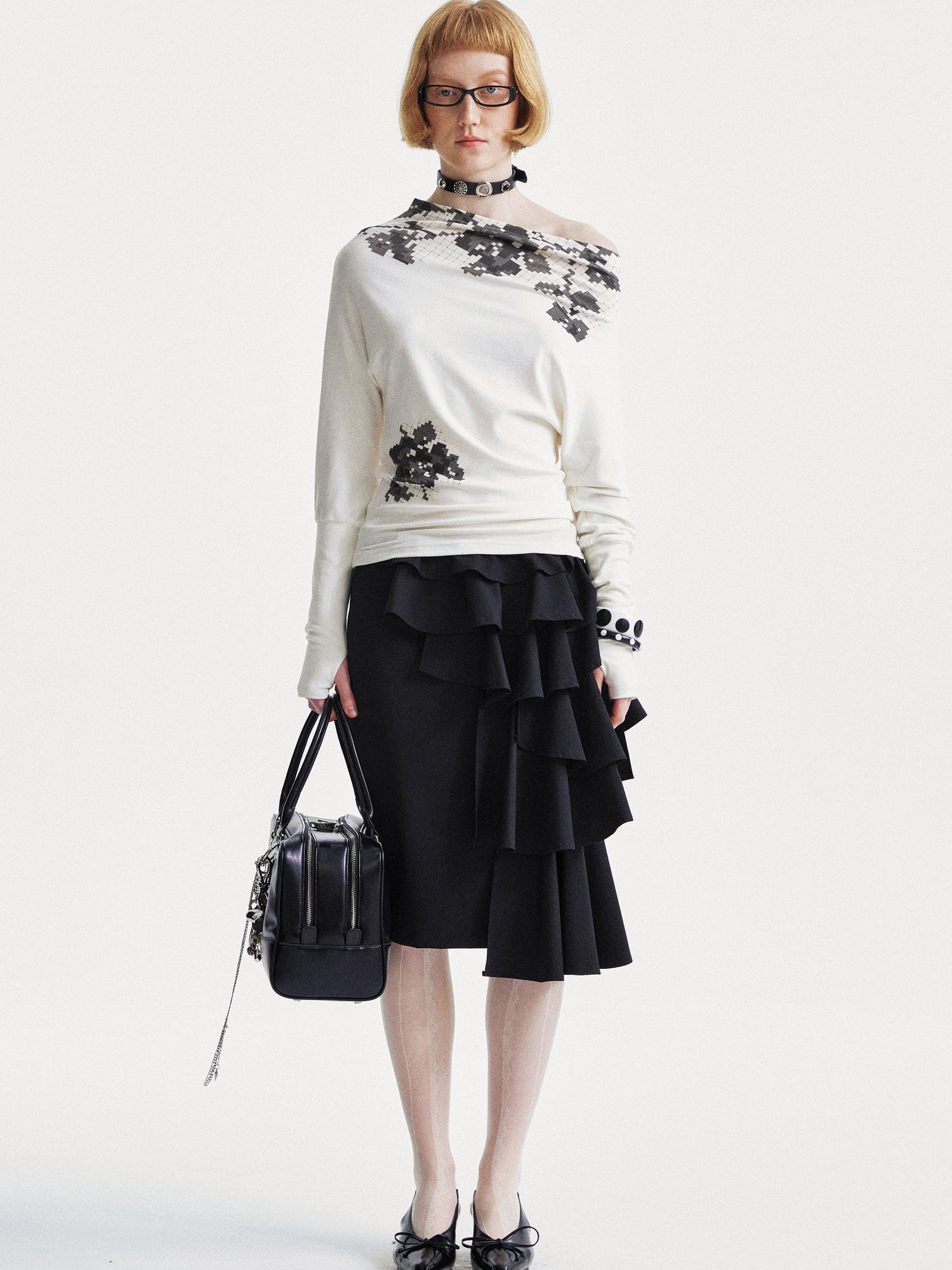 YOSHUYUKI Pixel Floral Off Shoulder Top