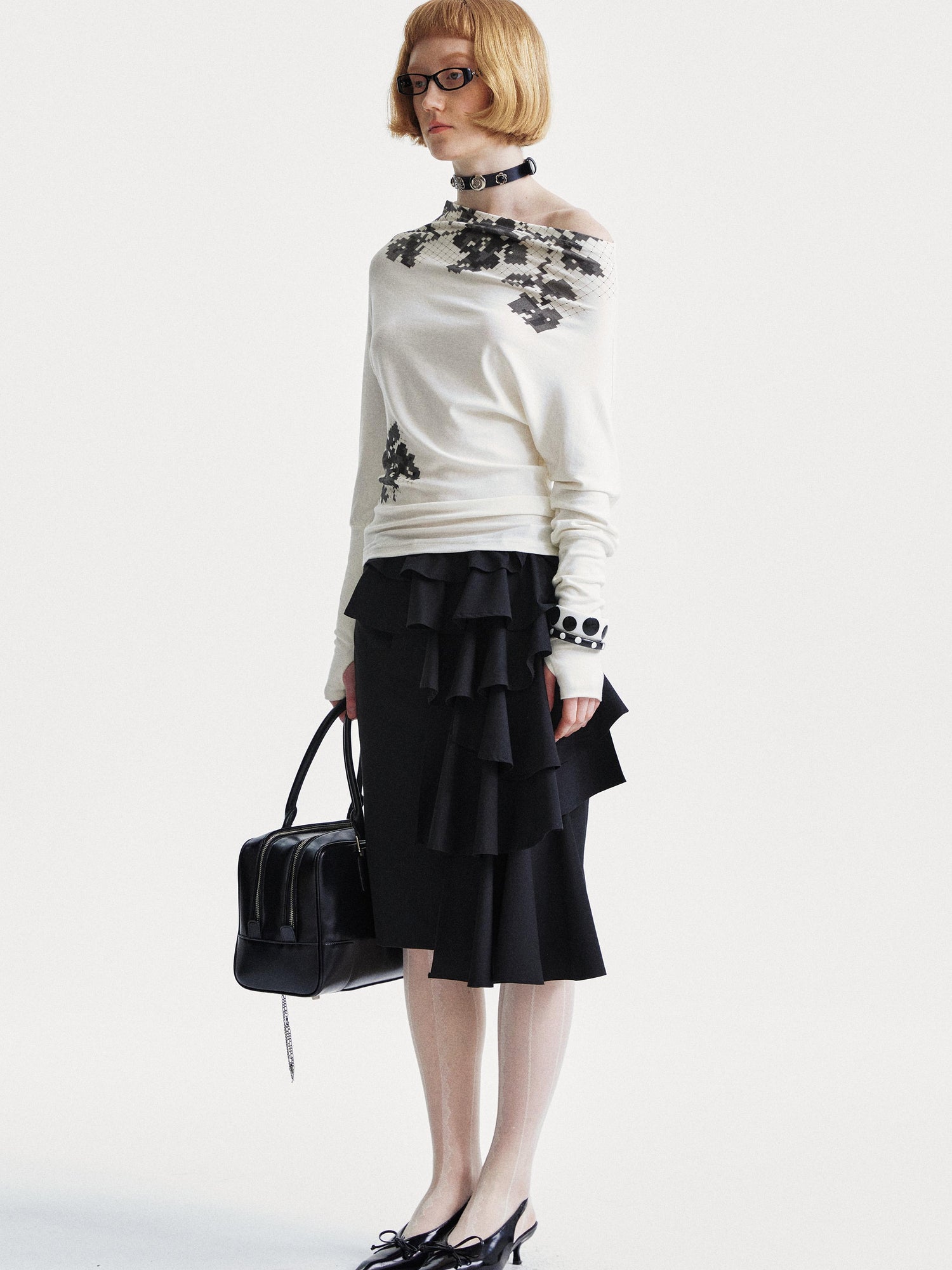 YOSHUYUKI Pixel Floral Off Shoulder Top