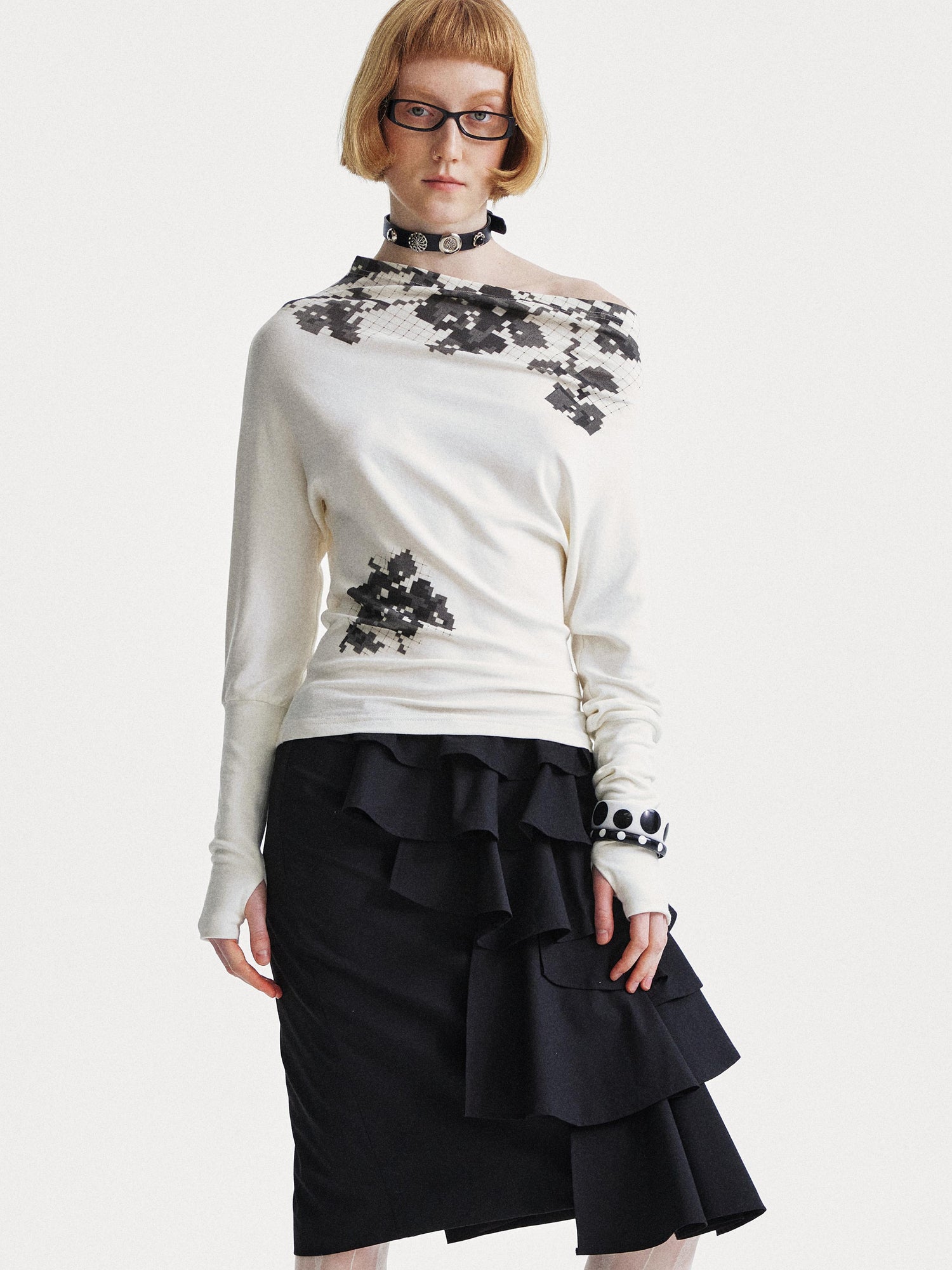 YOSHUYUKI Pixel Floral Off Shoulder Top