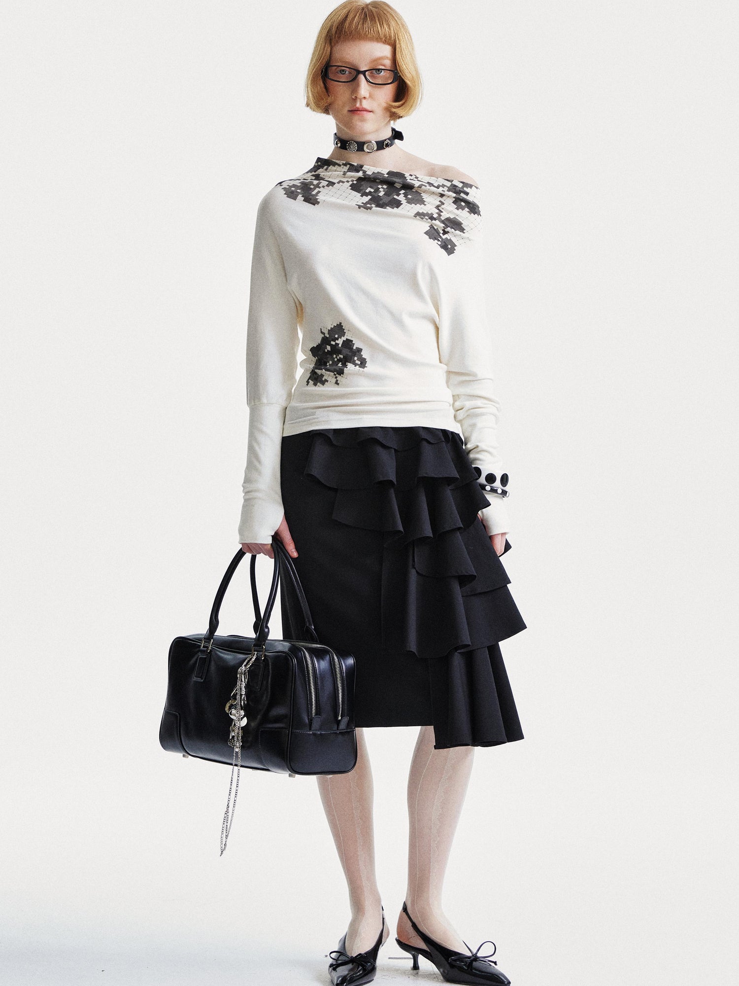 YOSHUYUKI Pixel Floral Off Shoulder Top