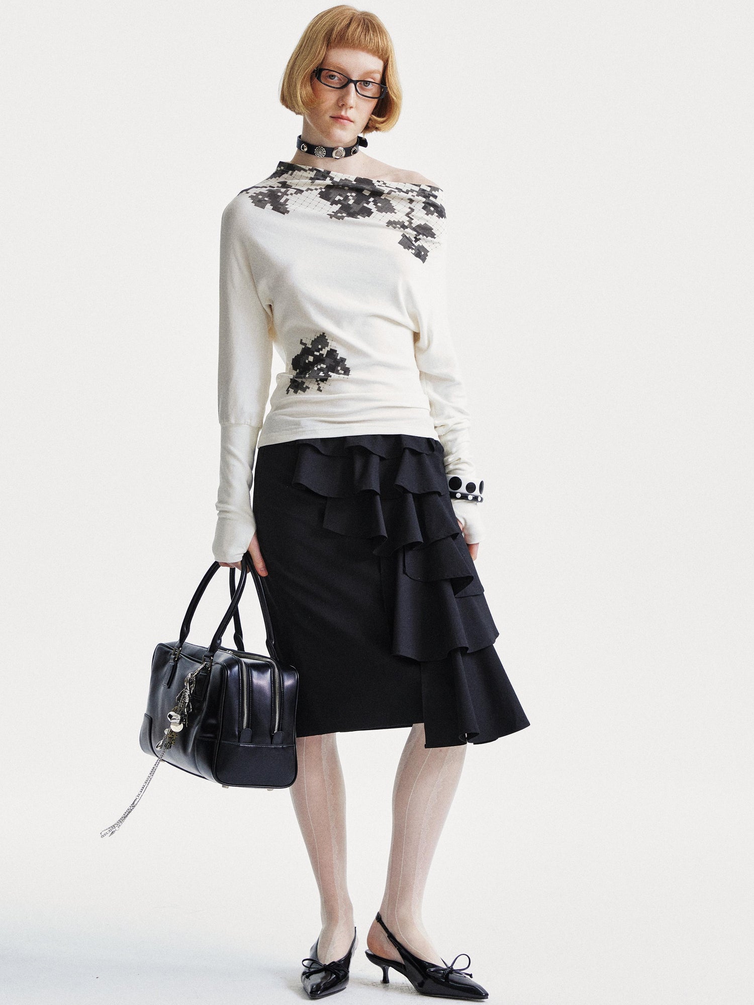 YOSHUYUKI Pixel Floral Off Shoulder Top
