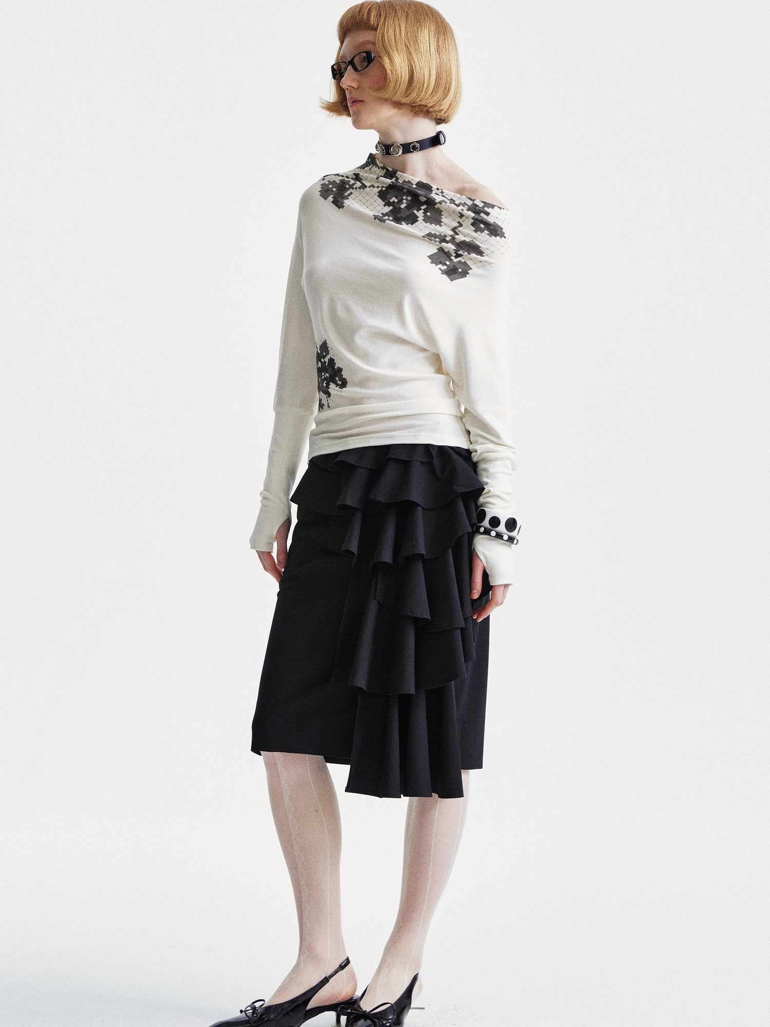 YOSHUYUKI Pixel Floral Off Shoulder Top