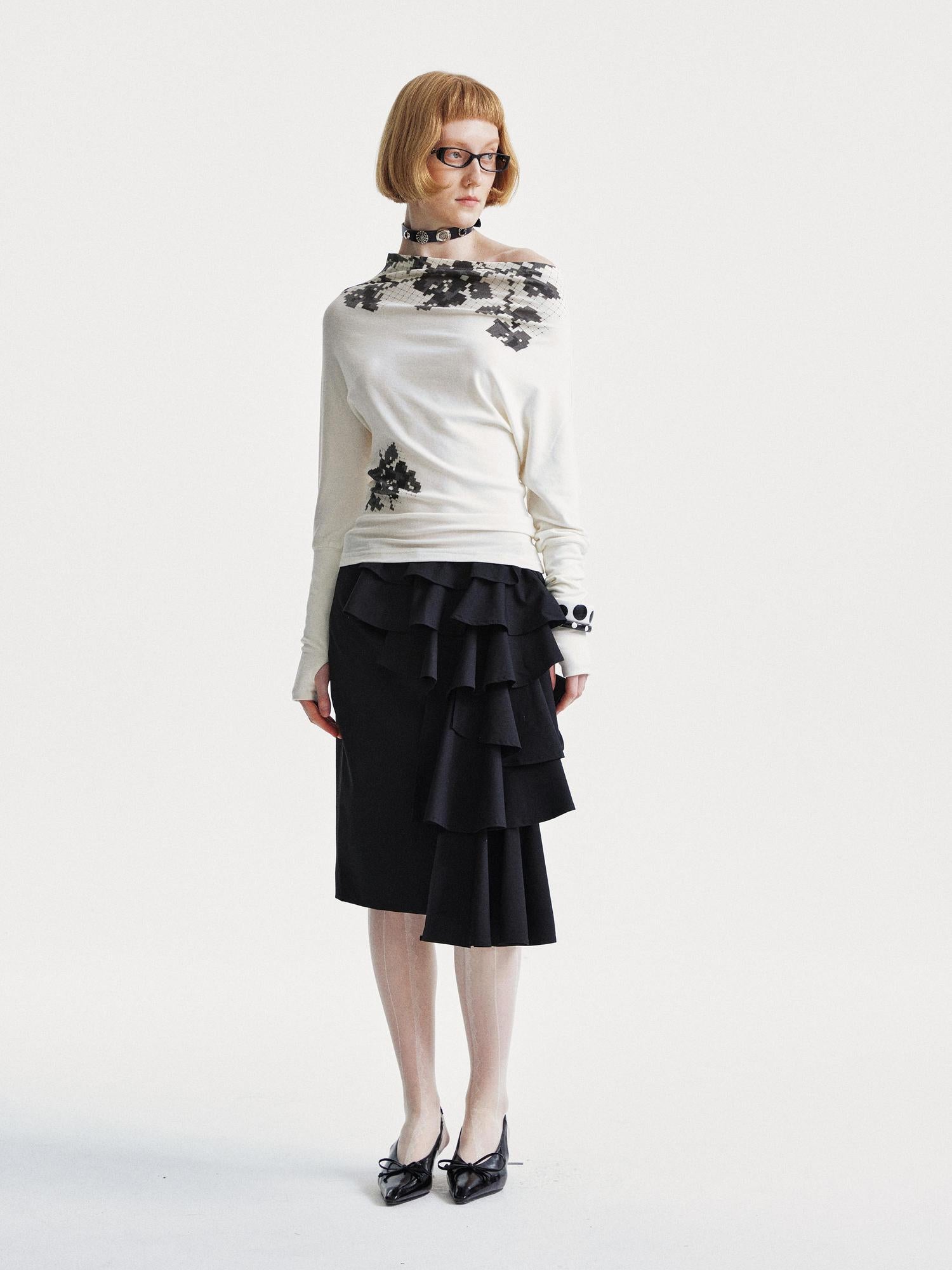 YOSHUYUKI Pixel Floral Off Shoulder Top