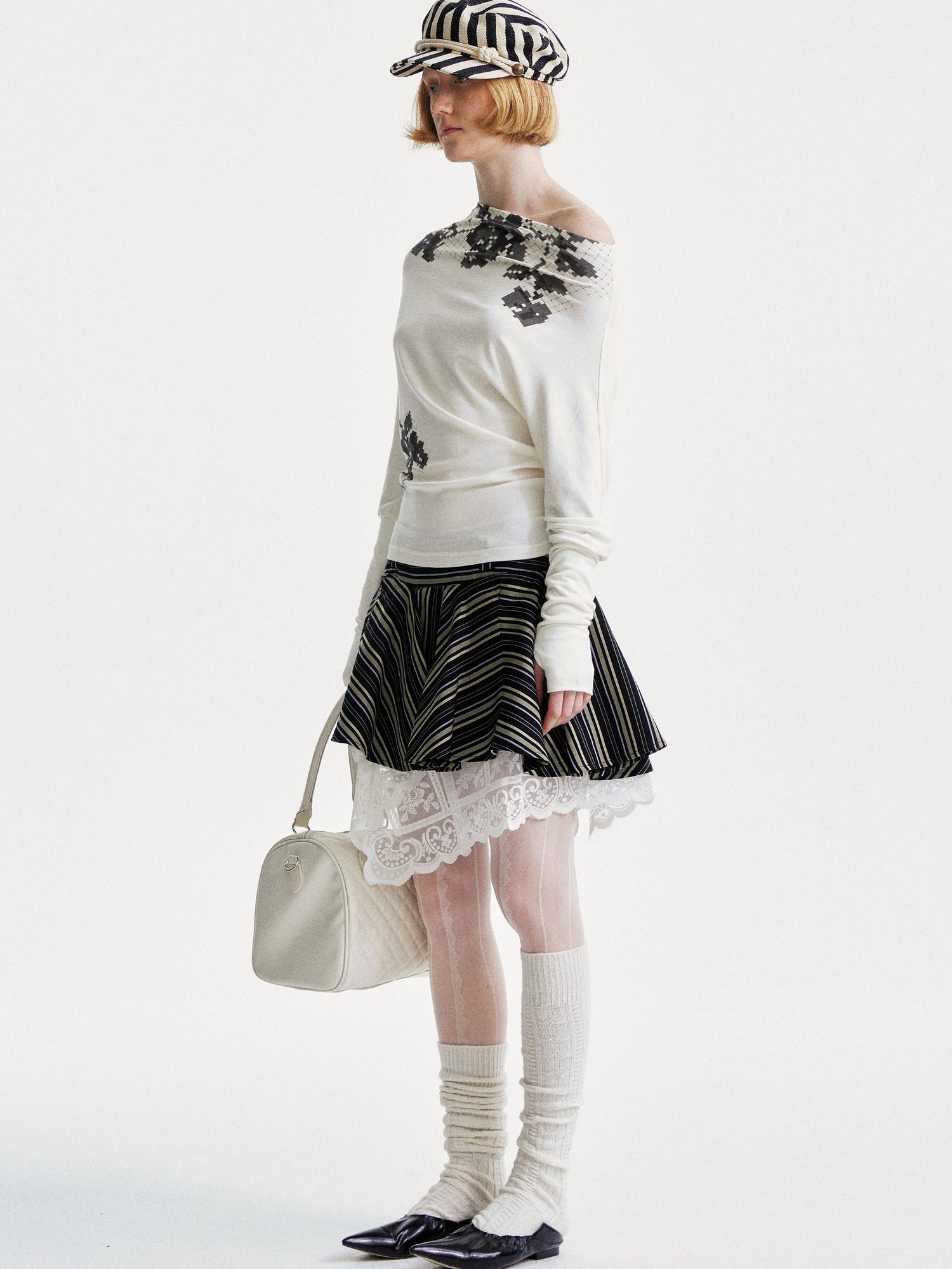 YOSHUYUKI Pixel Floral Off Shoulder Top
