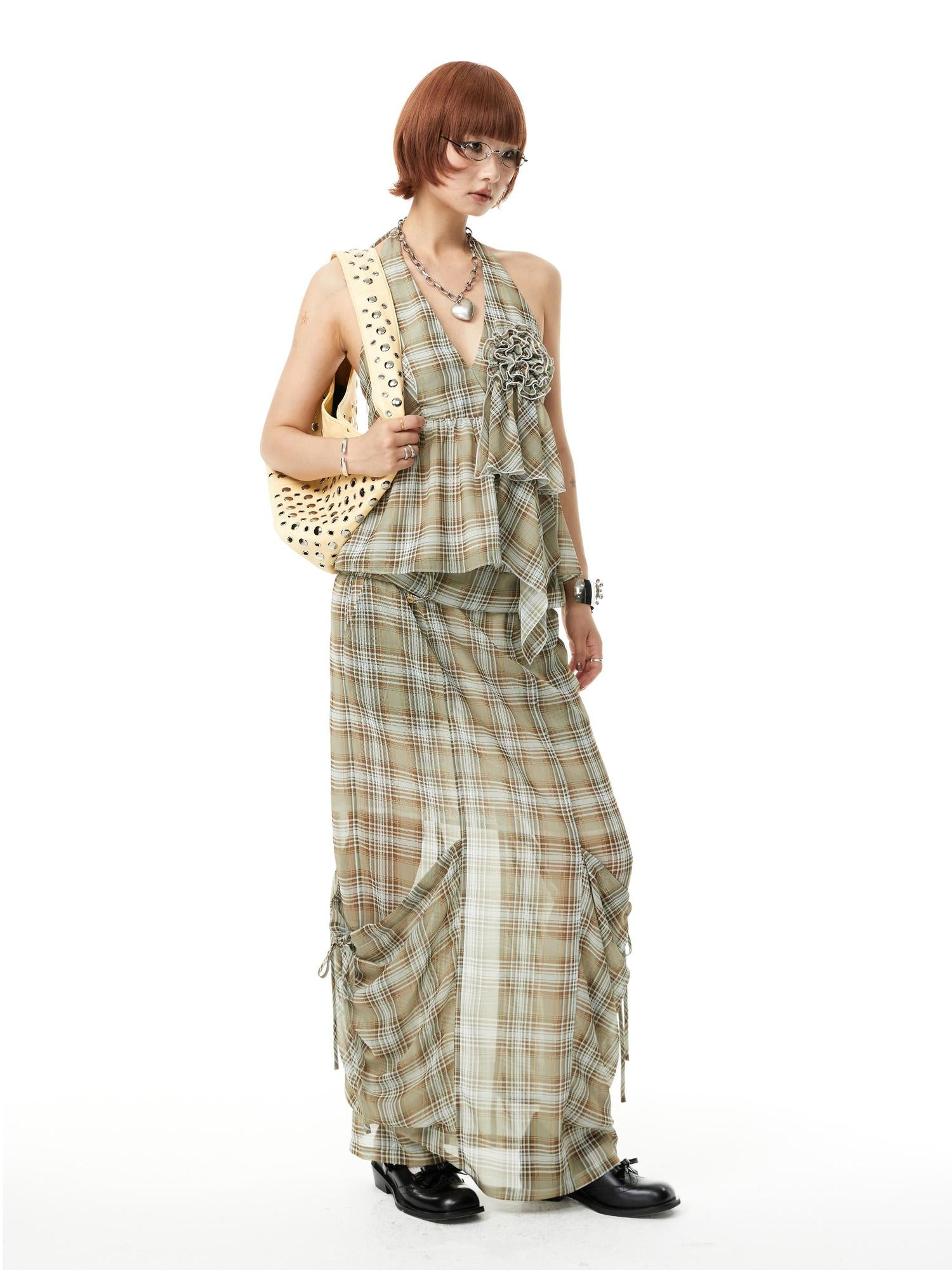 YOSHUYUKI Plaid Halter Neck Top with Floral Lace Trim