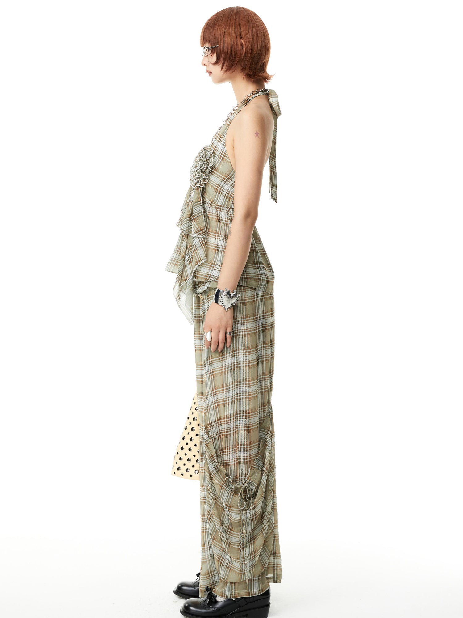 YOSHUYUKI Plaid Halter Neck Top with Floral Lace Trim