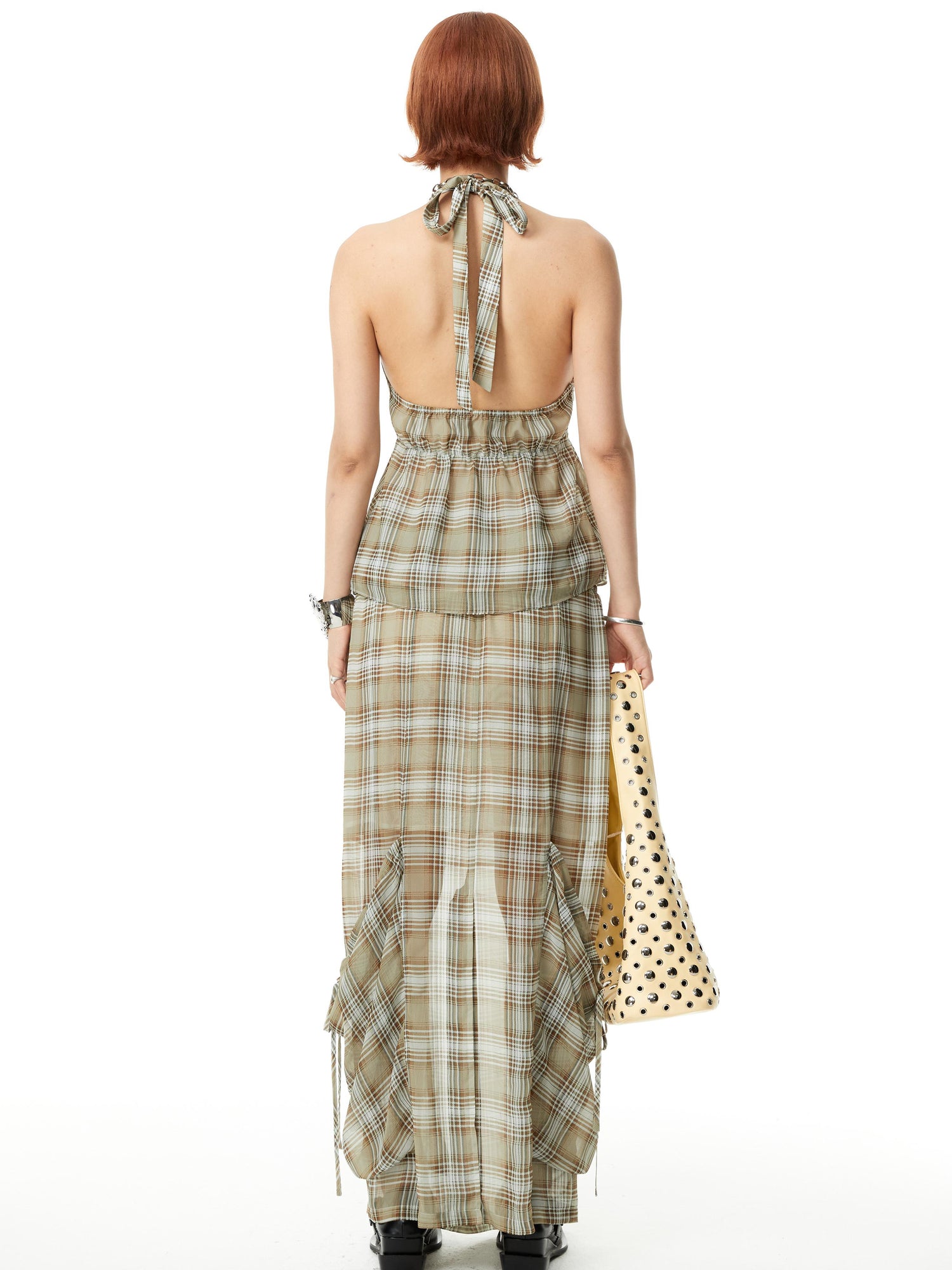 YOSHUYUKI Plaid Halter Neck Top with Floral Lace Trim