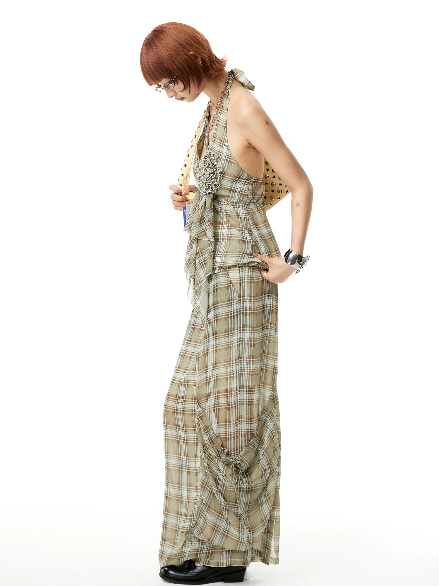Plaid Halter Neck Top with Floral Lace Trim