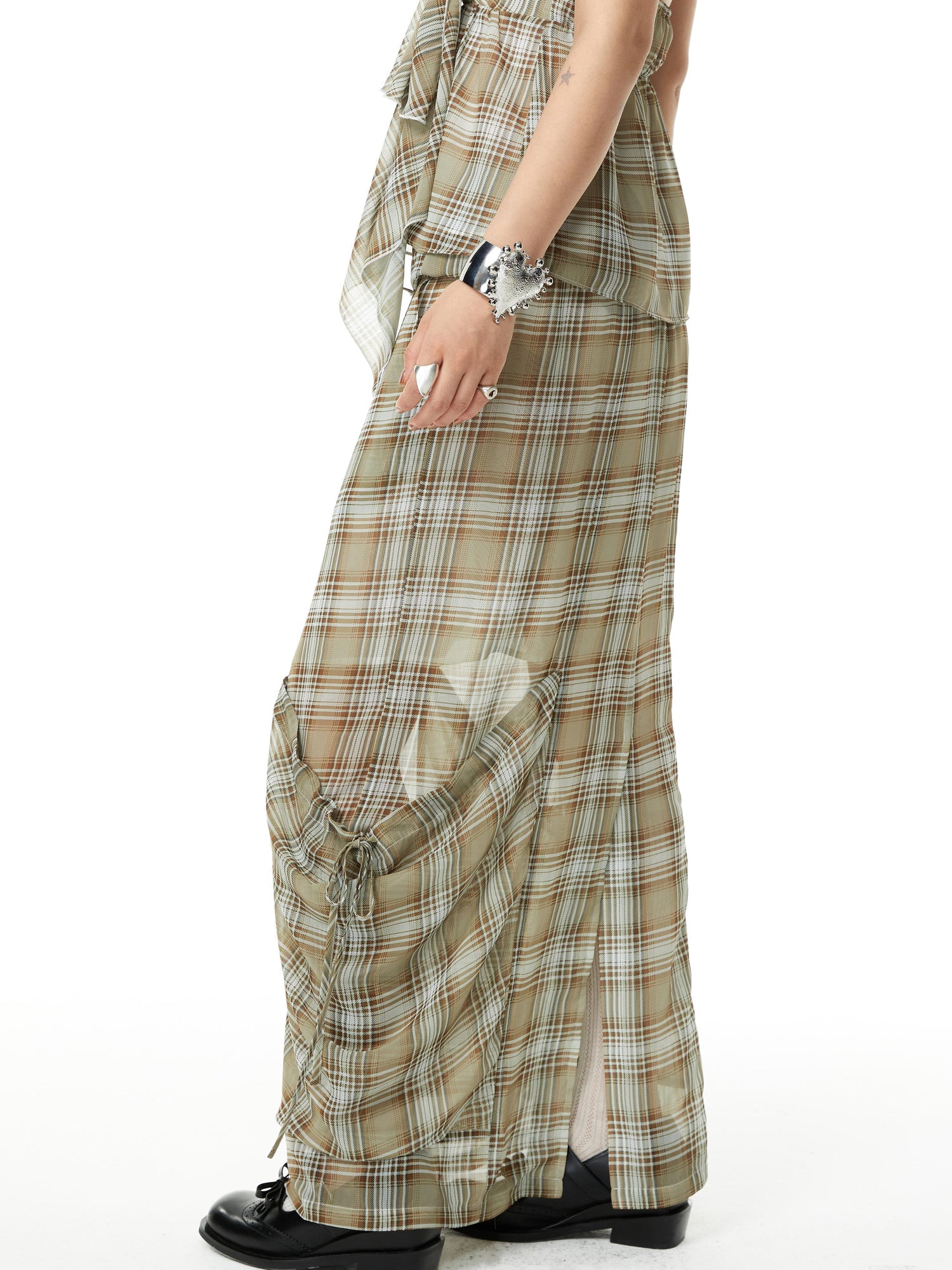 YOSHUYUKI Plaid Halter Neck Top with Floral Lace Trim