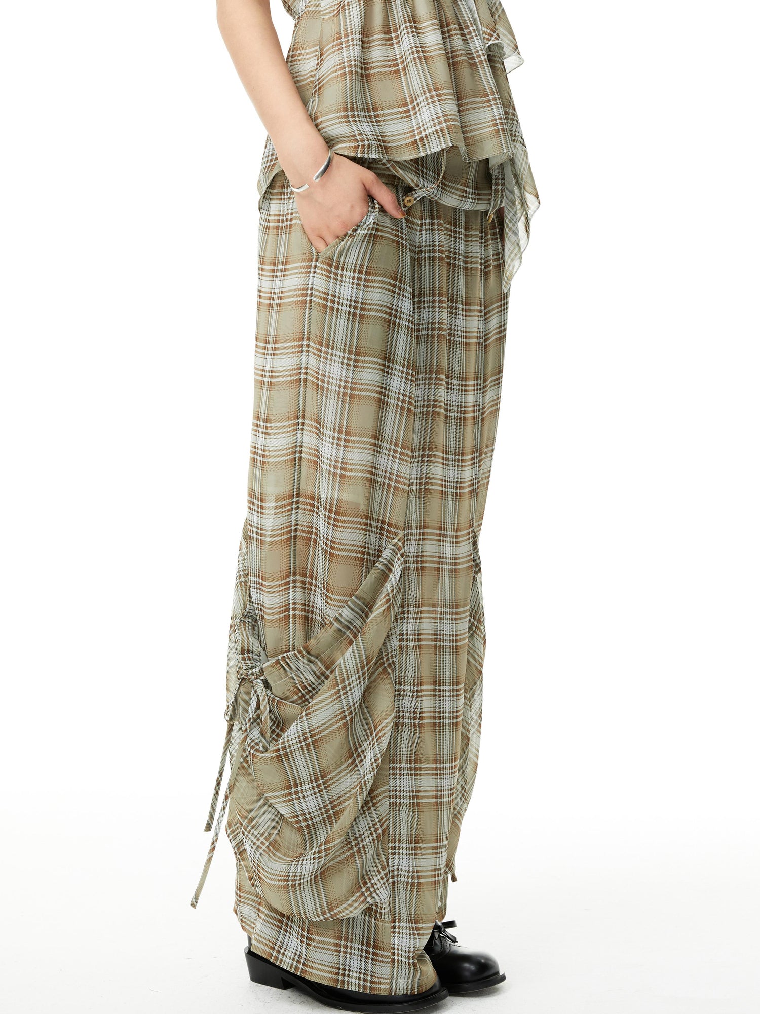 YOSHUYUKI Plaid Halter Neck Top with Floral Lace Trim