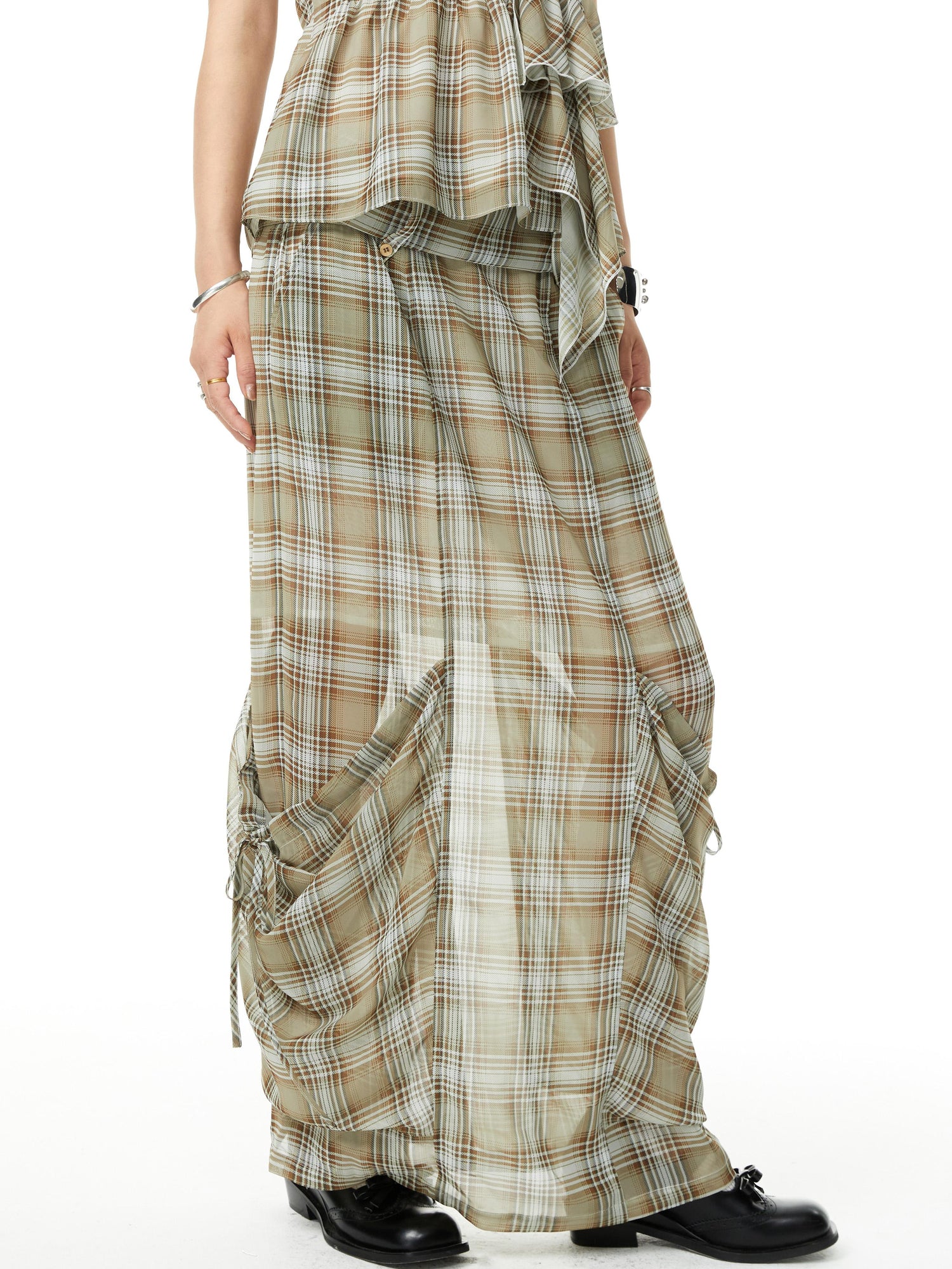 YOSHUYUKI Plaid Halter Neck Top with Floral Lace Trim