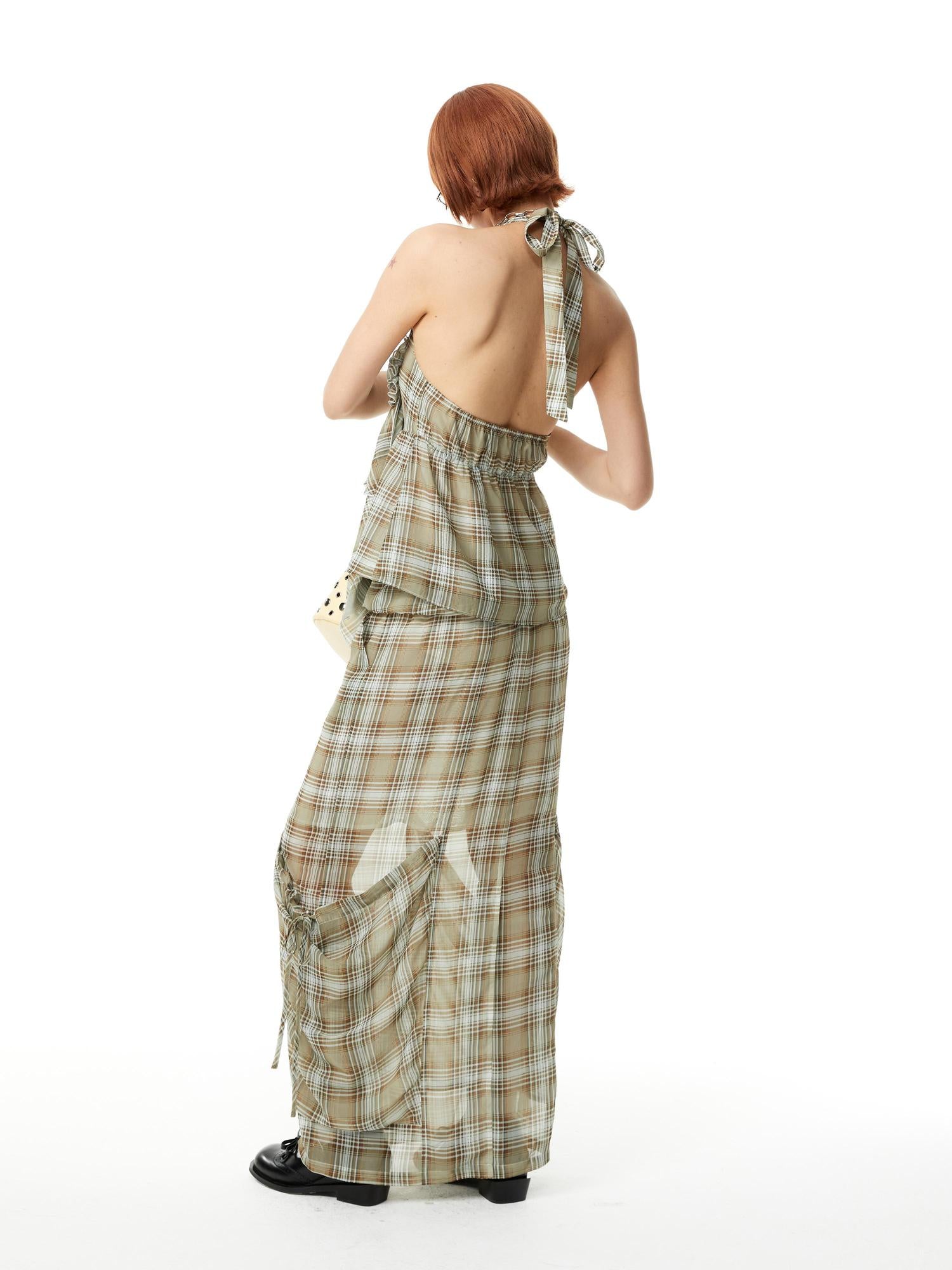 YOSHUYUKI Plaid Halter Neck Top with Floral Lace Trim