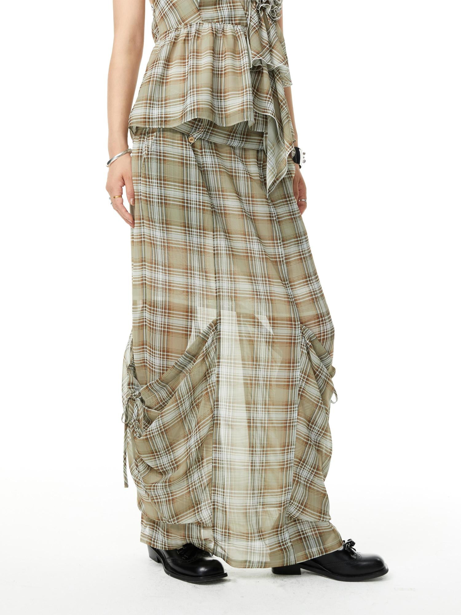 YOSHUYUKI Plaid Halter Neck Top with Floral Lace Trim