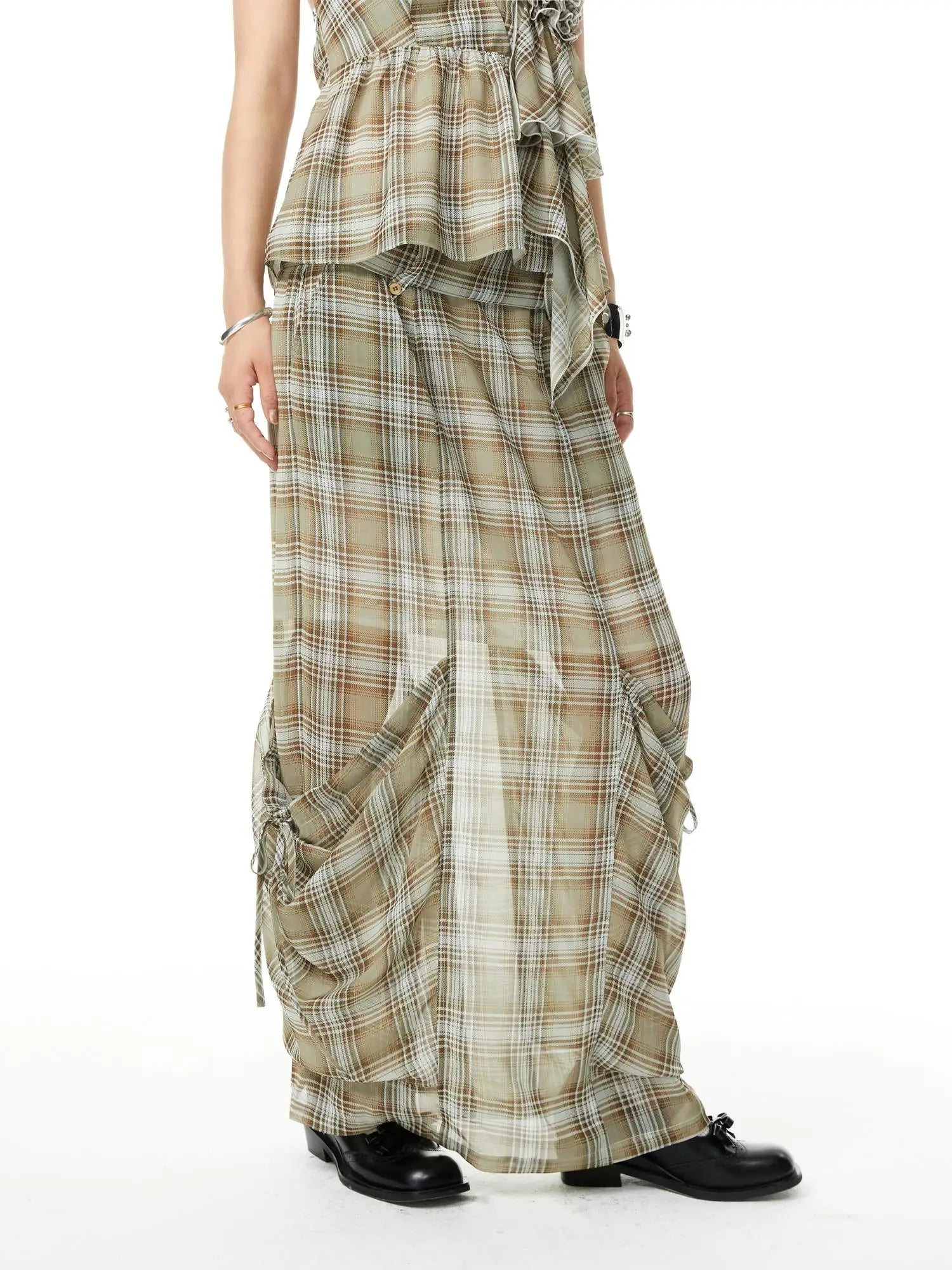 Plaid Halter Neck Top with Floral Lace Trim