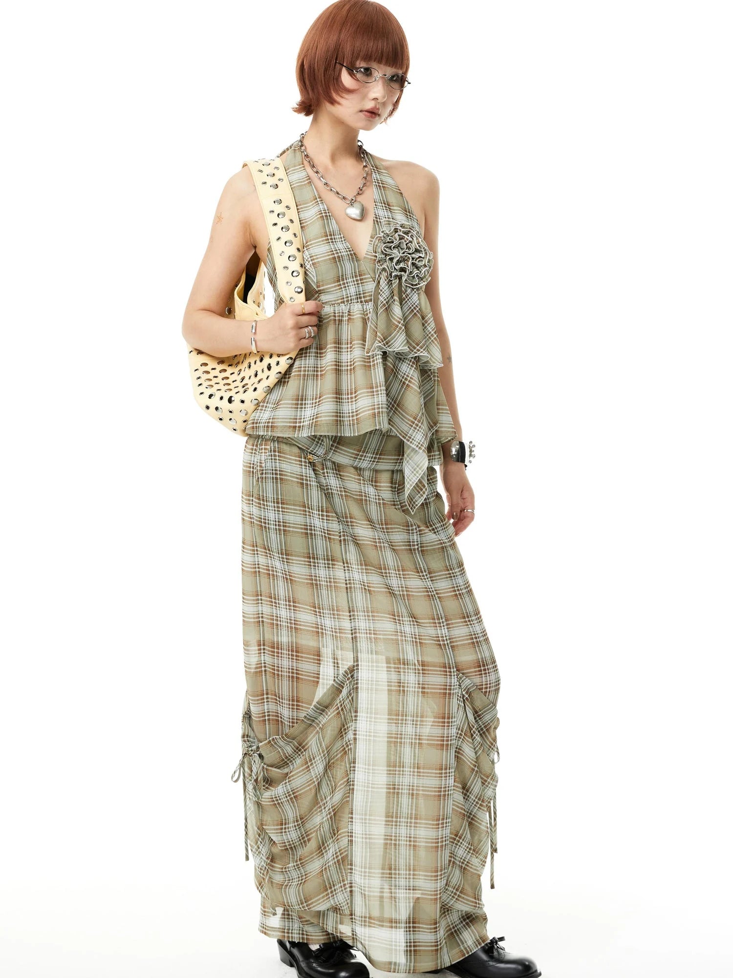 Plaid Halter Neck Top with Floral Lace Trim