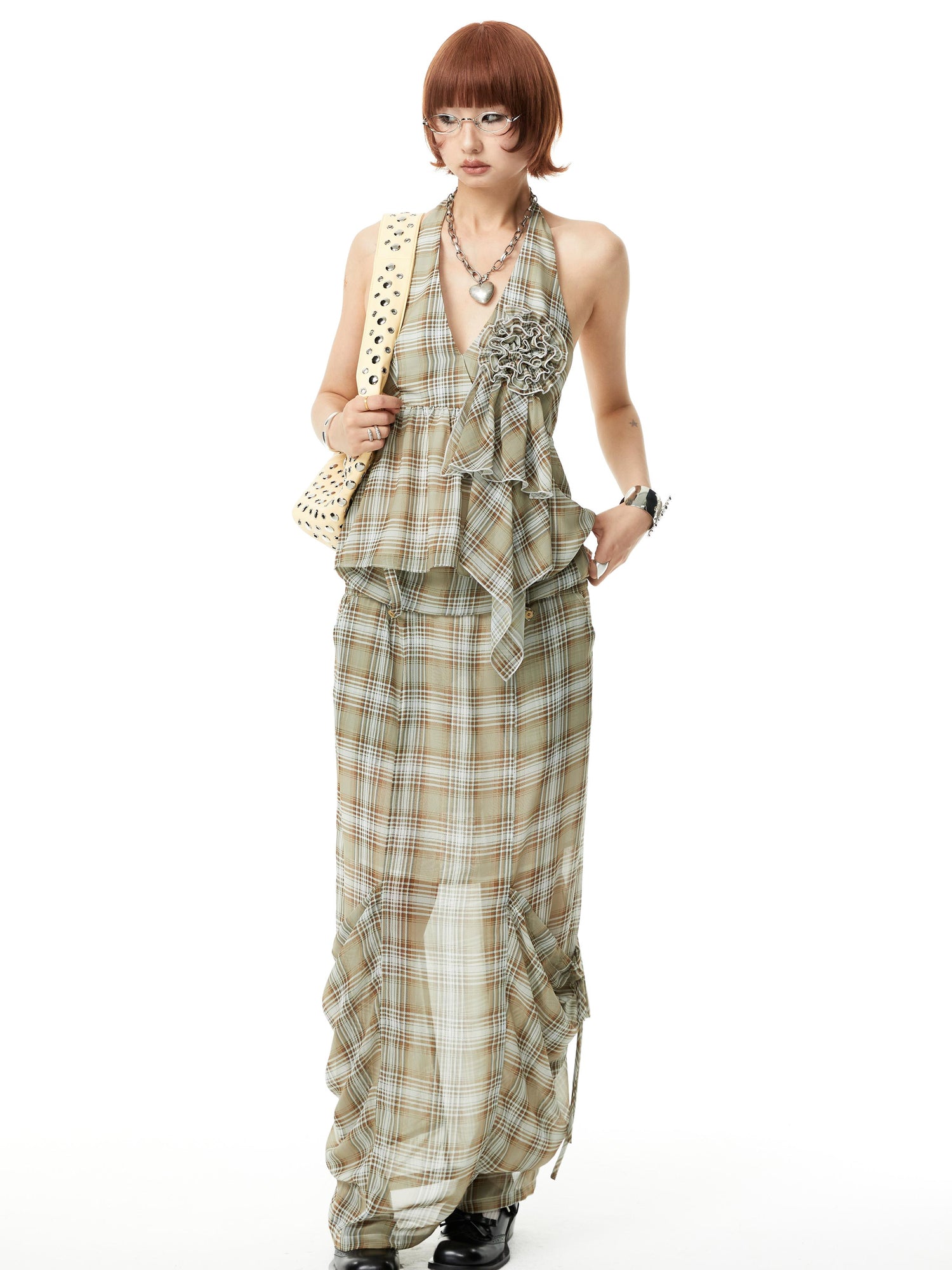 YOSHUYUKI Plaid Halter Neck Top with Floral Lace Trim
