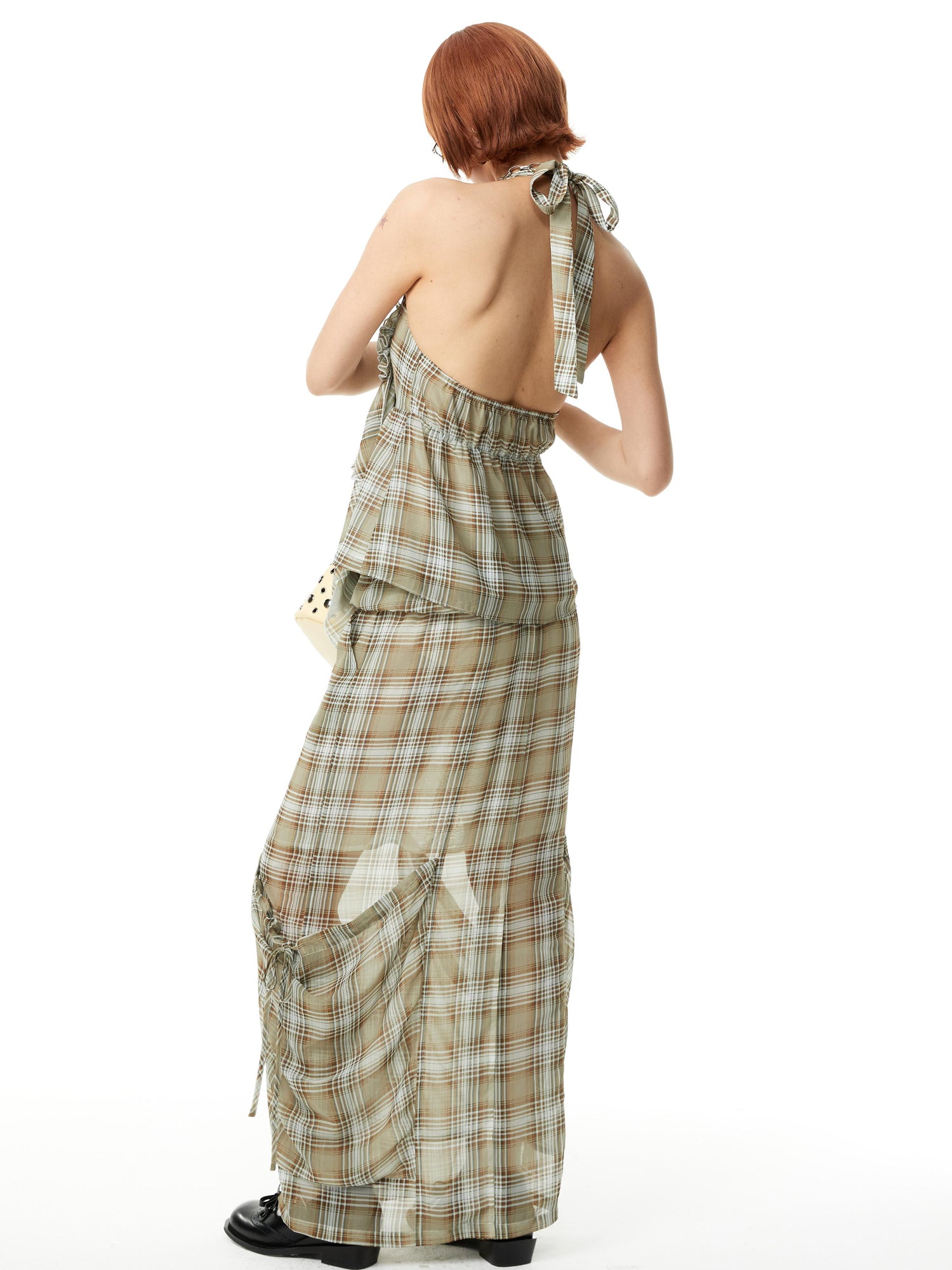 YOSHUYUKI Plaid Halter Neck Top with Floral Lace Trim