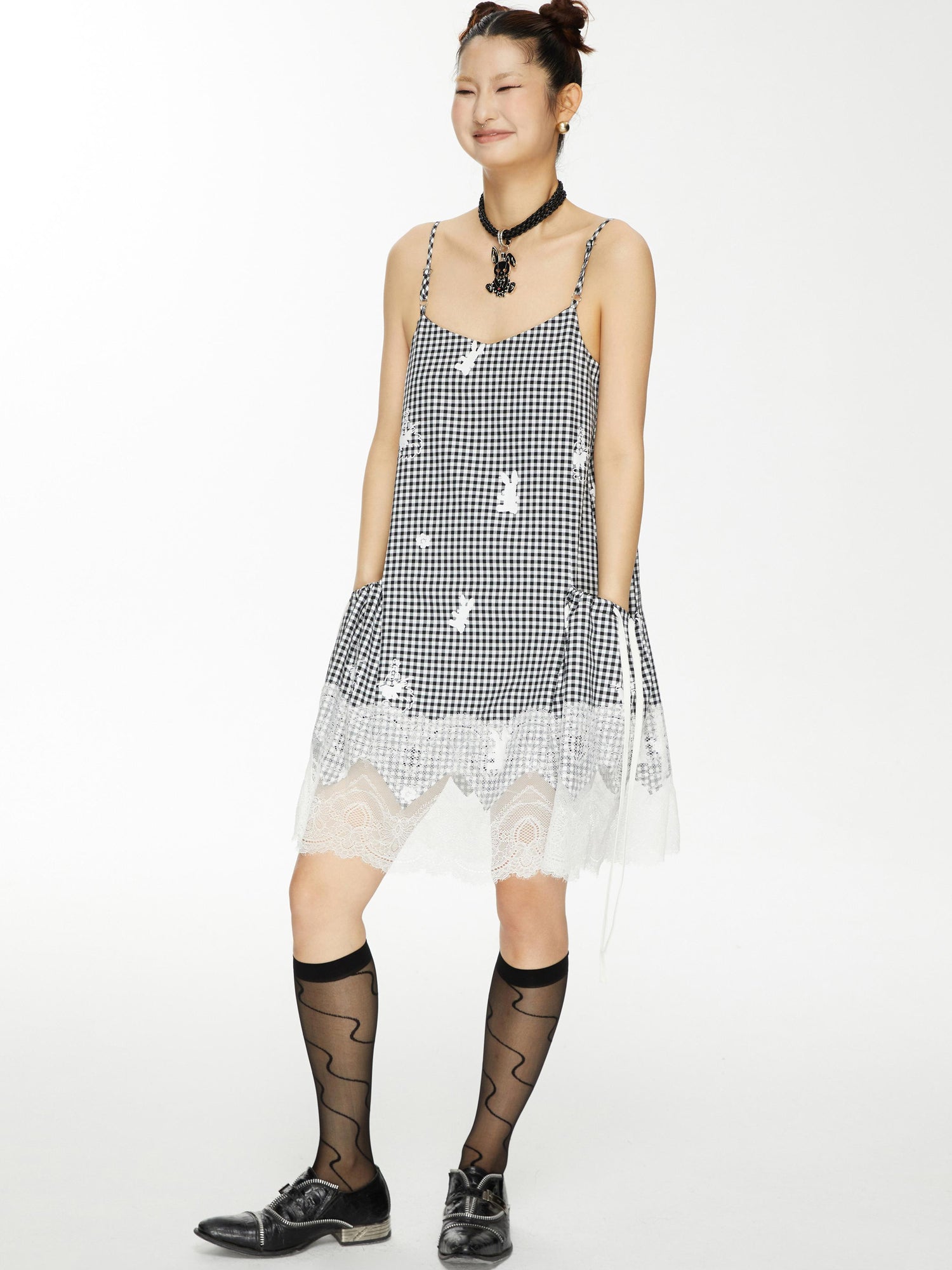 YOSHUYUKI Plaid Lace Trim Punk Rabbit Print Sundress