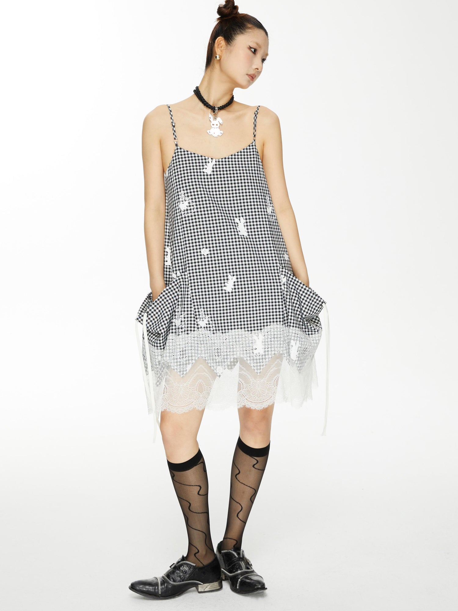YOSHUYUKI Plaid Lace Trim Punk Rabbit Print Sundress
