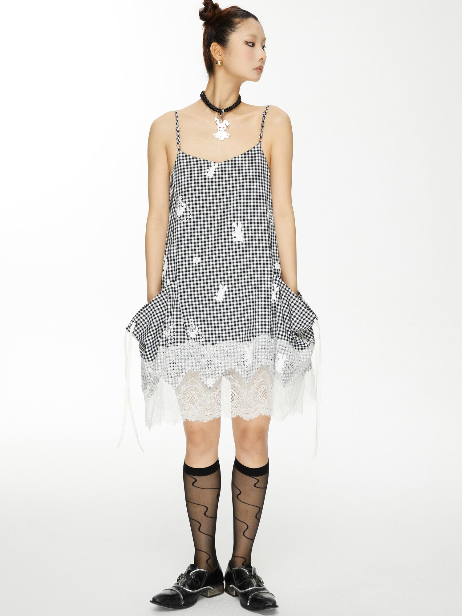 YOSHUYUKI Plaid Lace Trim Punk Rabbit Print Sundress