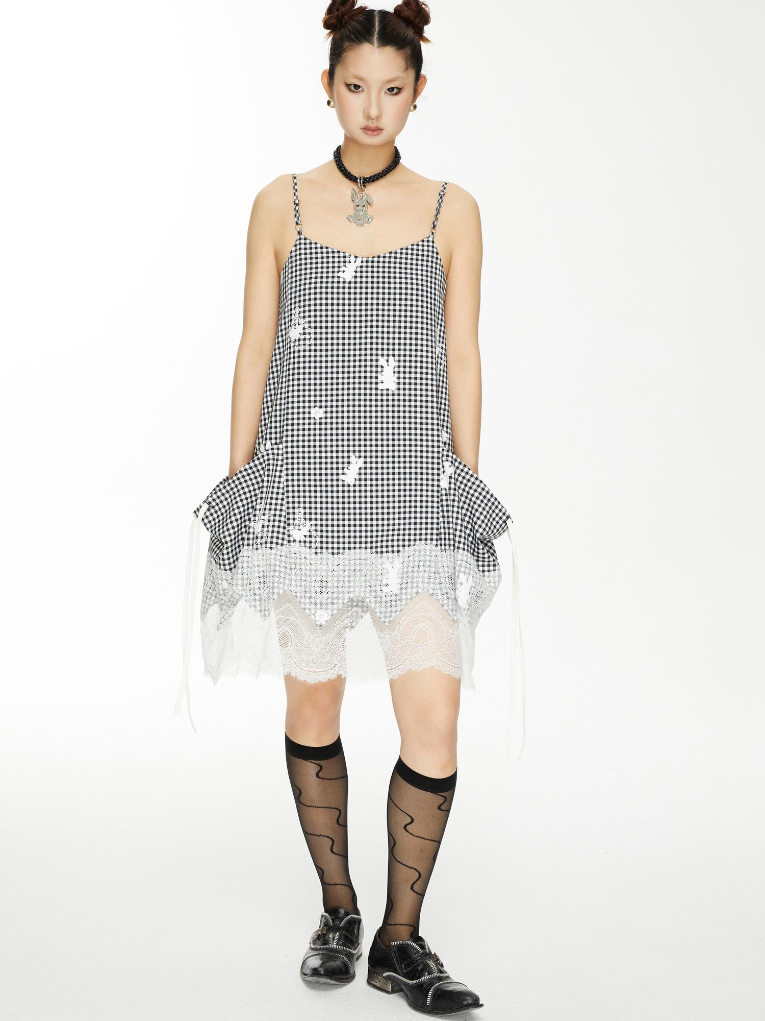 YOSHUYUKI Plaid Lace Trim Punk Rabbit Print Sundress