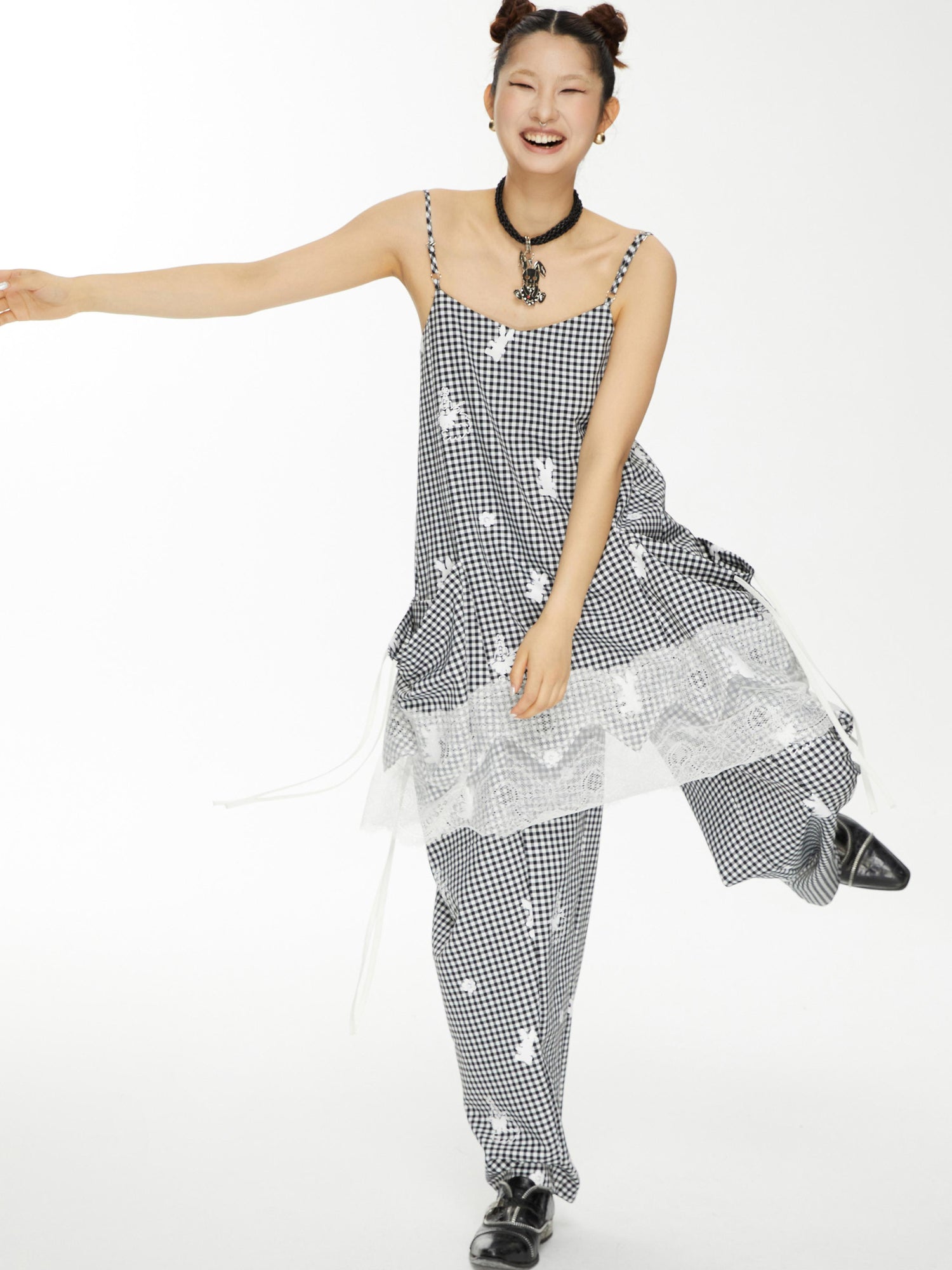 YOSHUYUKI Plaid Lace Trim Punk Rabbit Print Sundress
