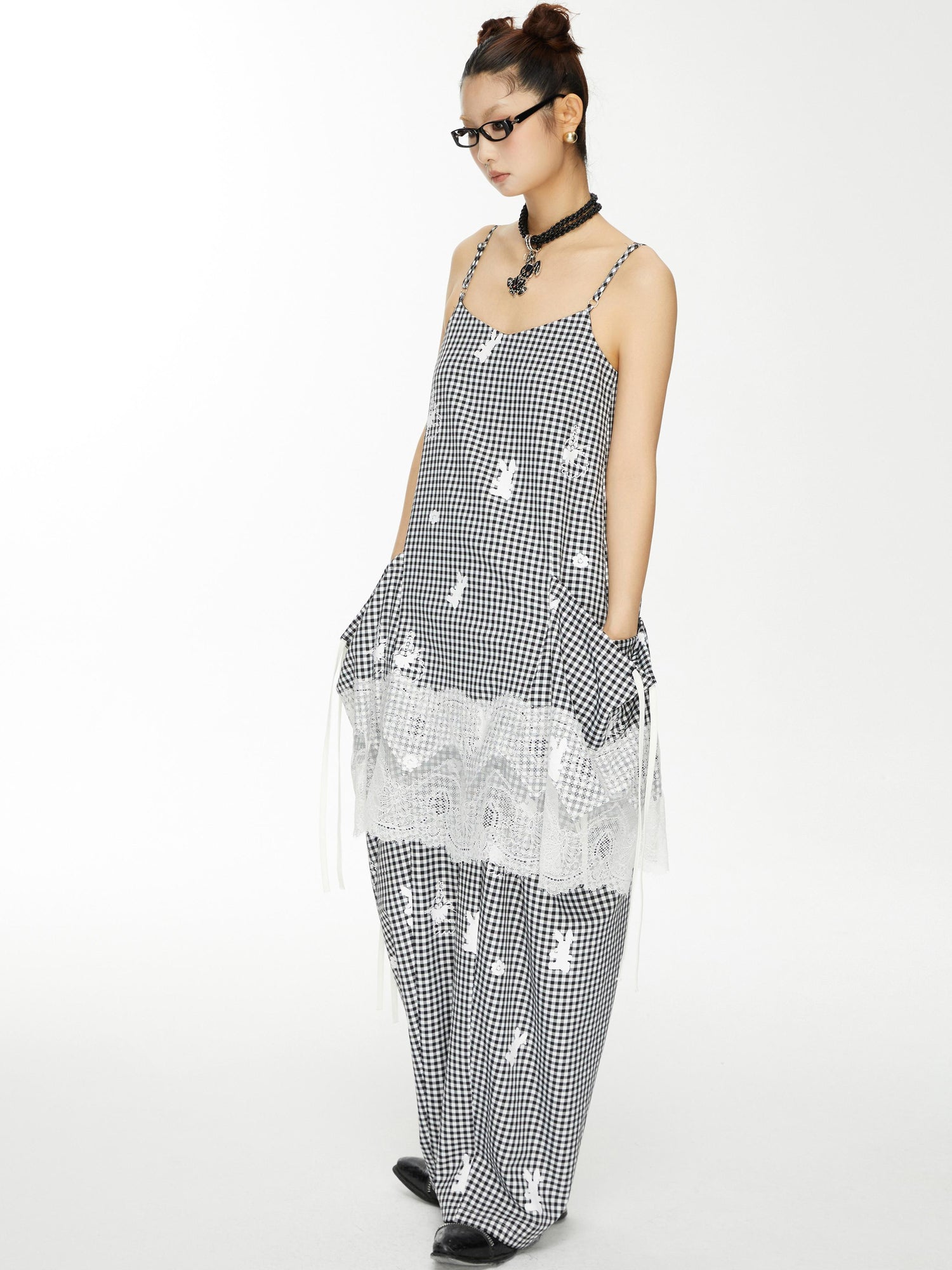 YOSHUYUKI Plaid Lace Trim Punk Rabbit Print Sundress